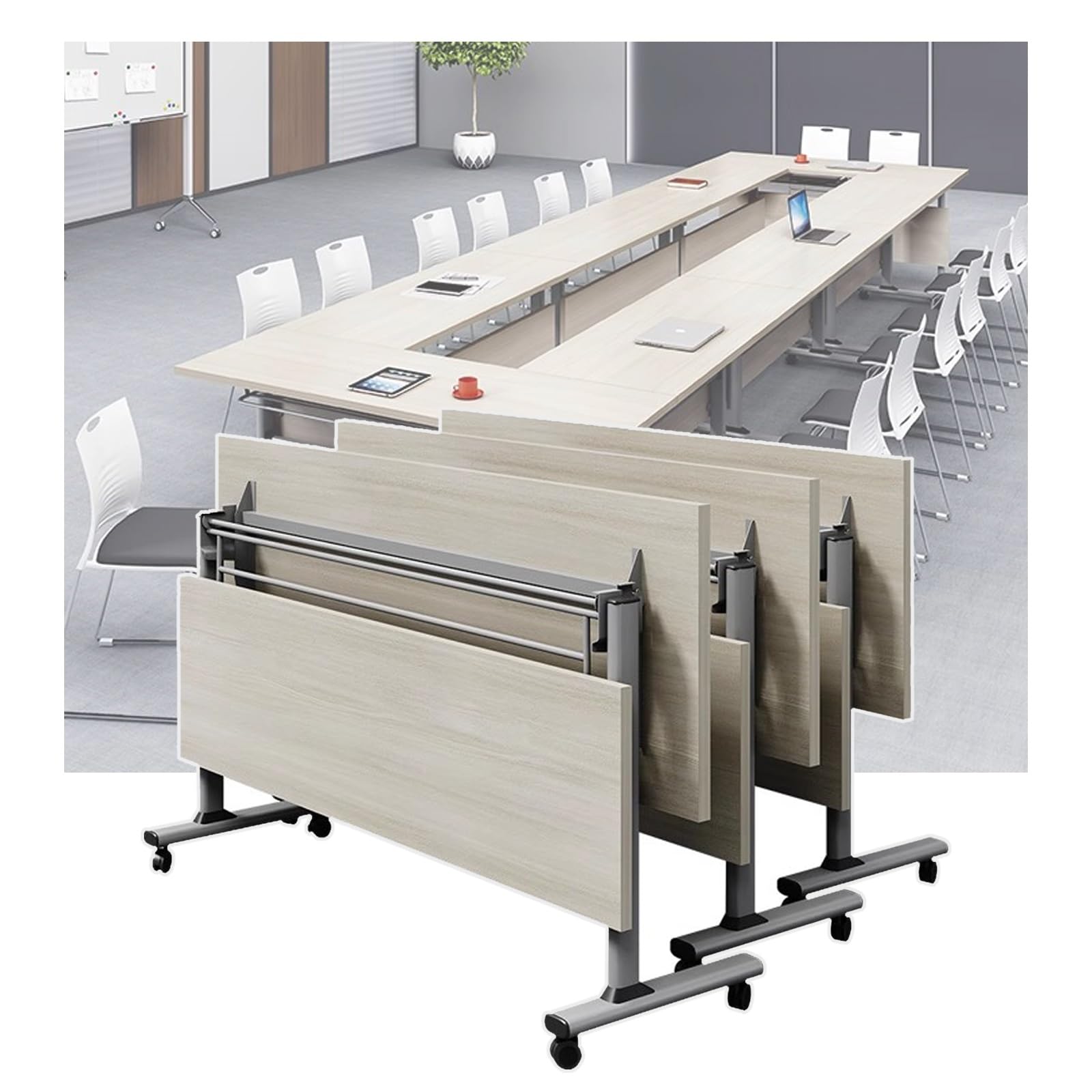 Set di 3 tavoli da conferenza pieghevoli, portatili e mobili, ideali per uffici, sale di formazione, aule e centri multimediali – Grigio 120x50x75 cm. Facile da riporre e trasportare.