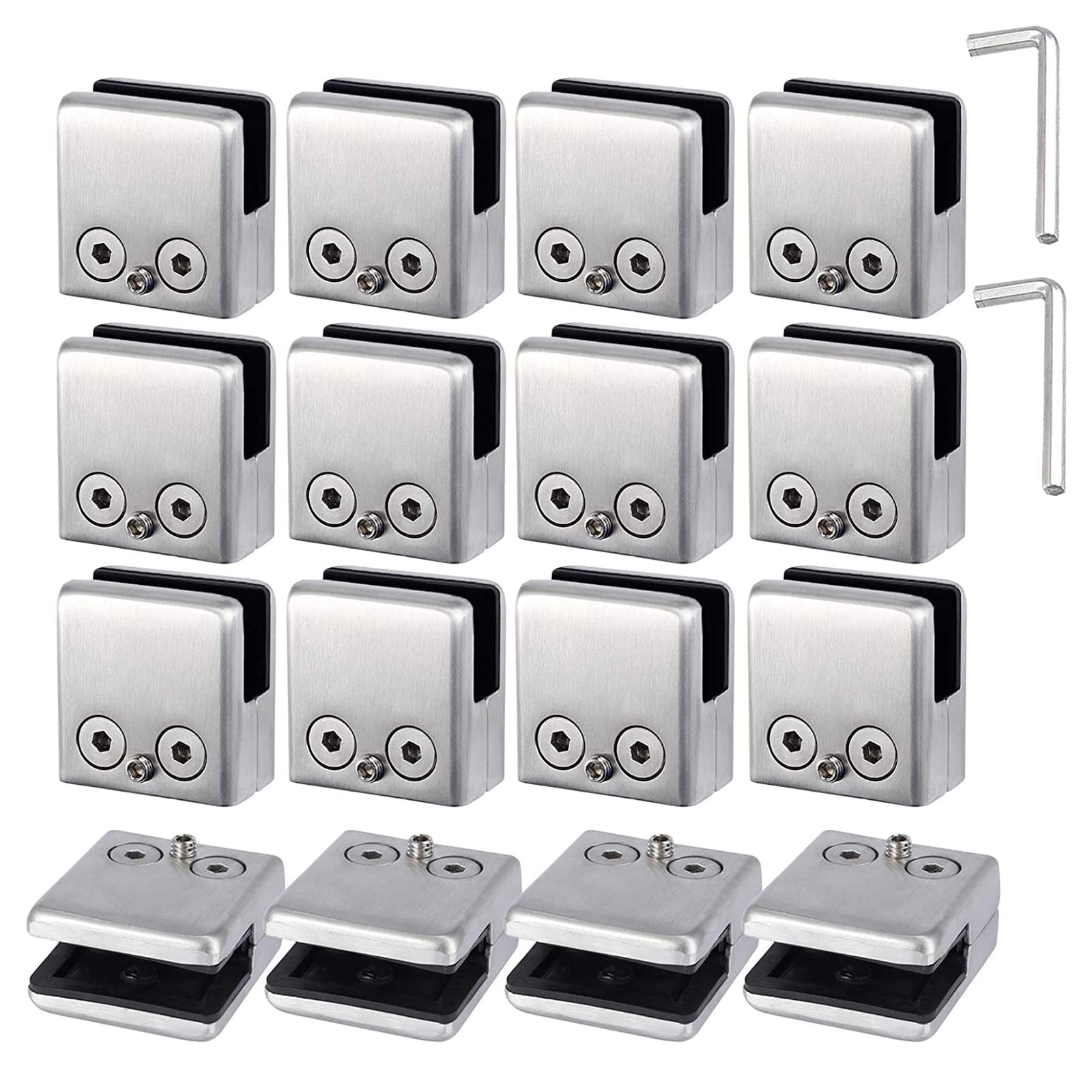 iumLeap 16 PCS Stainless Steel Glass Clamps Adjustable Square Glass Clamp Flat Back Glass Bracket, for Balustrade Staircase Handrail,with Spacer and Hexagon Driver,Large Siz (Large Size)
