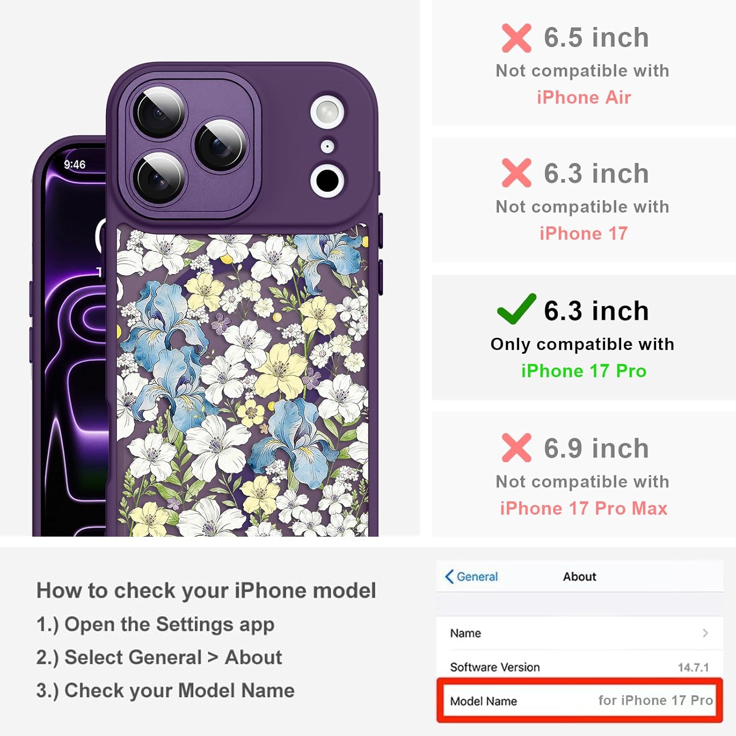 Magnetic for iPhone 17 Pro Case with Screen Protector [Compatible with MagSafe] Pretty Floral Flower Pattern Design, Shockproof Slim Cover for Women Girls, Dark Purple