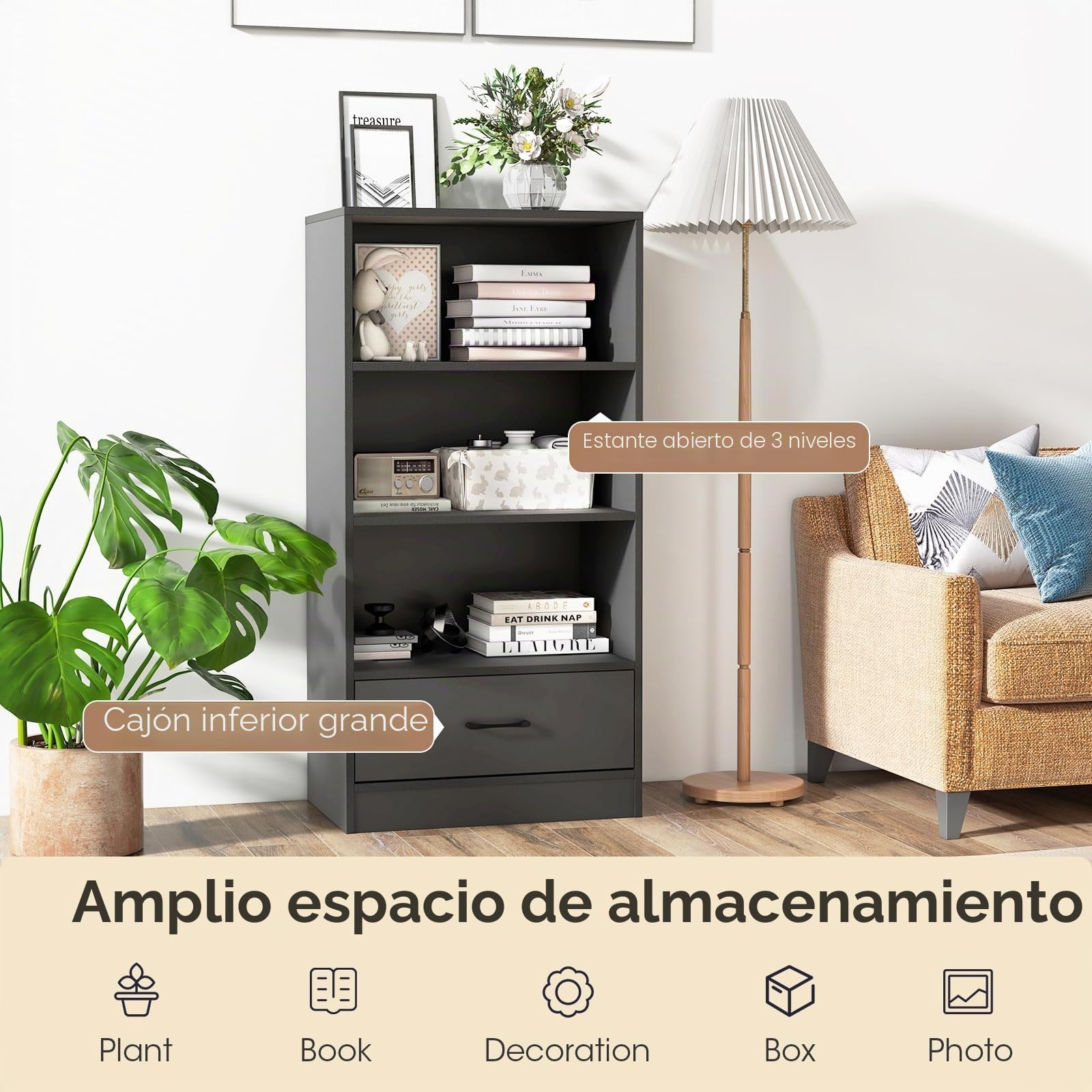 KOMFOTTEU Librería con 3 Estantes y 1 Cajón, Estantería de Almacenamiento con Dispositivo Antivuelco, Mueble Organizador de Madera para Sala de Estar, Estudio, 60 x 38 x 120 cm (Gris)