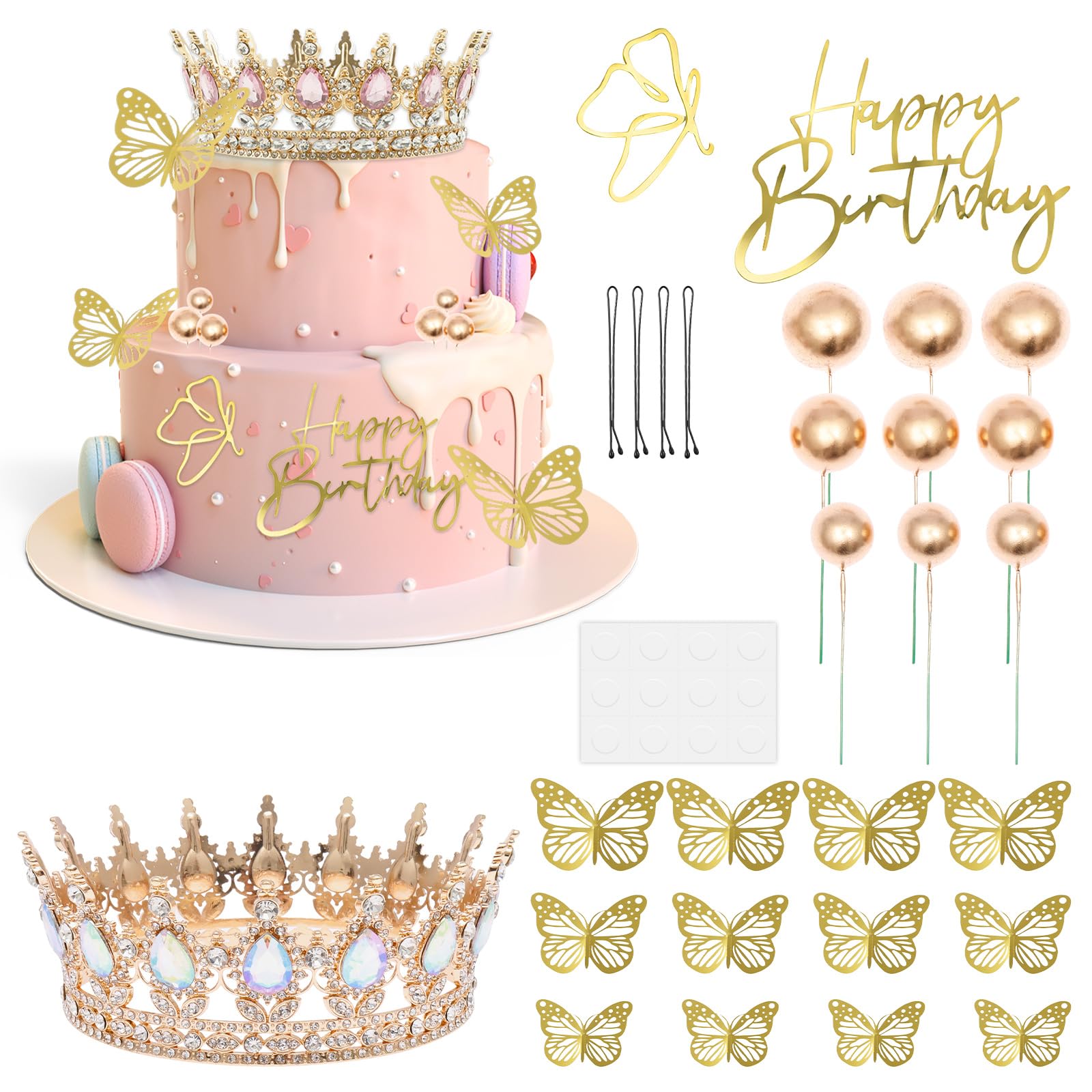 Crown Butterfly Cake Decoration, 28Pcs Cake Decorations Cakes Toppers Kit with Queen Crown Golden Butterfly and Ball Decoration for Birthday Wedding Party Anniversary (Platinum Blonde) — image 1
