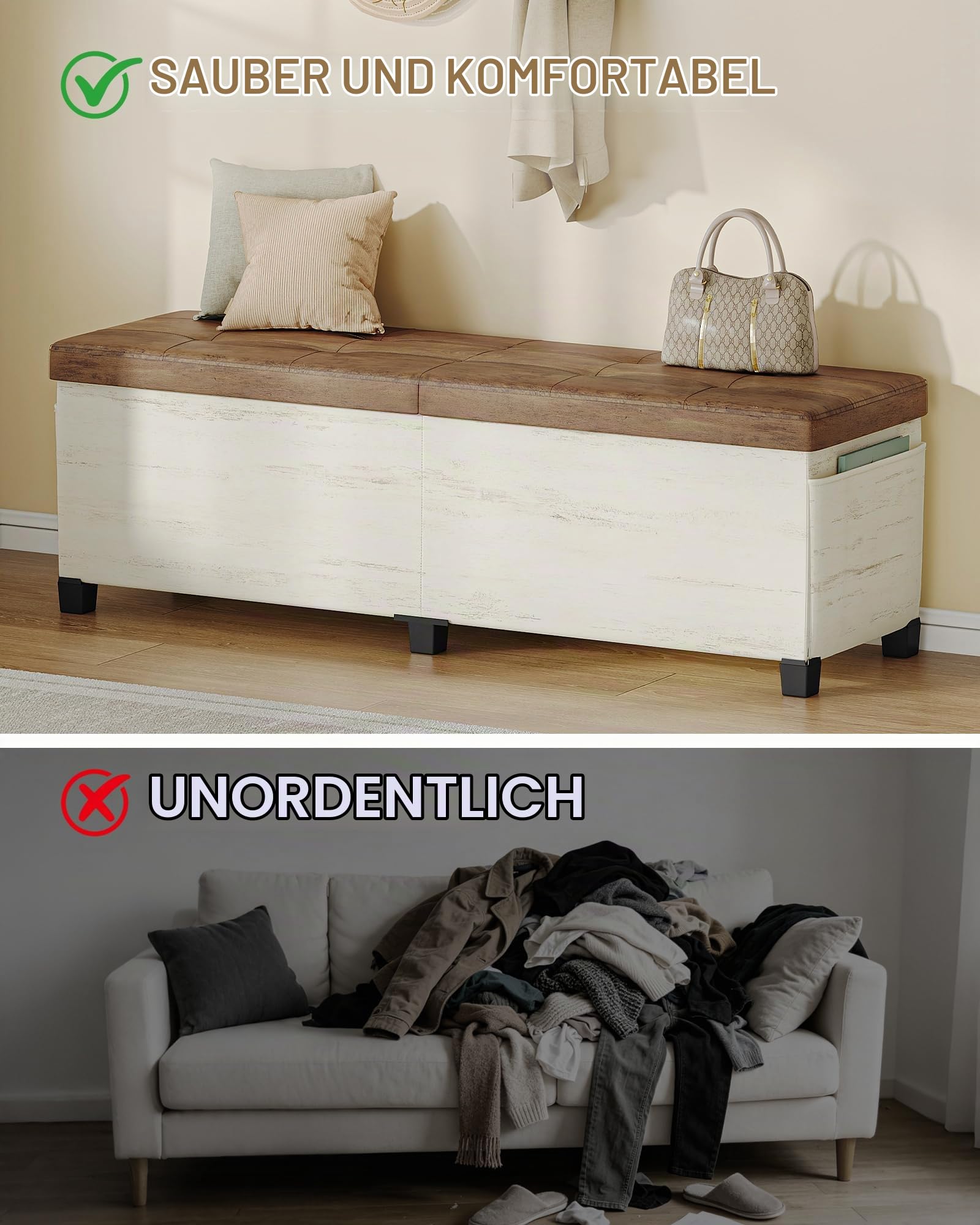 Hzuaneri Truhenbank mit Stauraum, Faltbar, Weiß Braun, 40x140x44cm | Aufbewahrungsschrank, Leinenbezug, Tragkraft 150 kg, Für Wohnzimmer, Schlafzimmer, Flur, SB31499YW