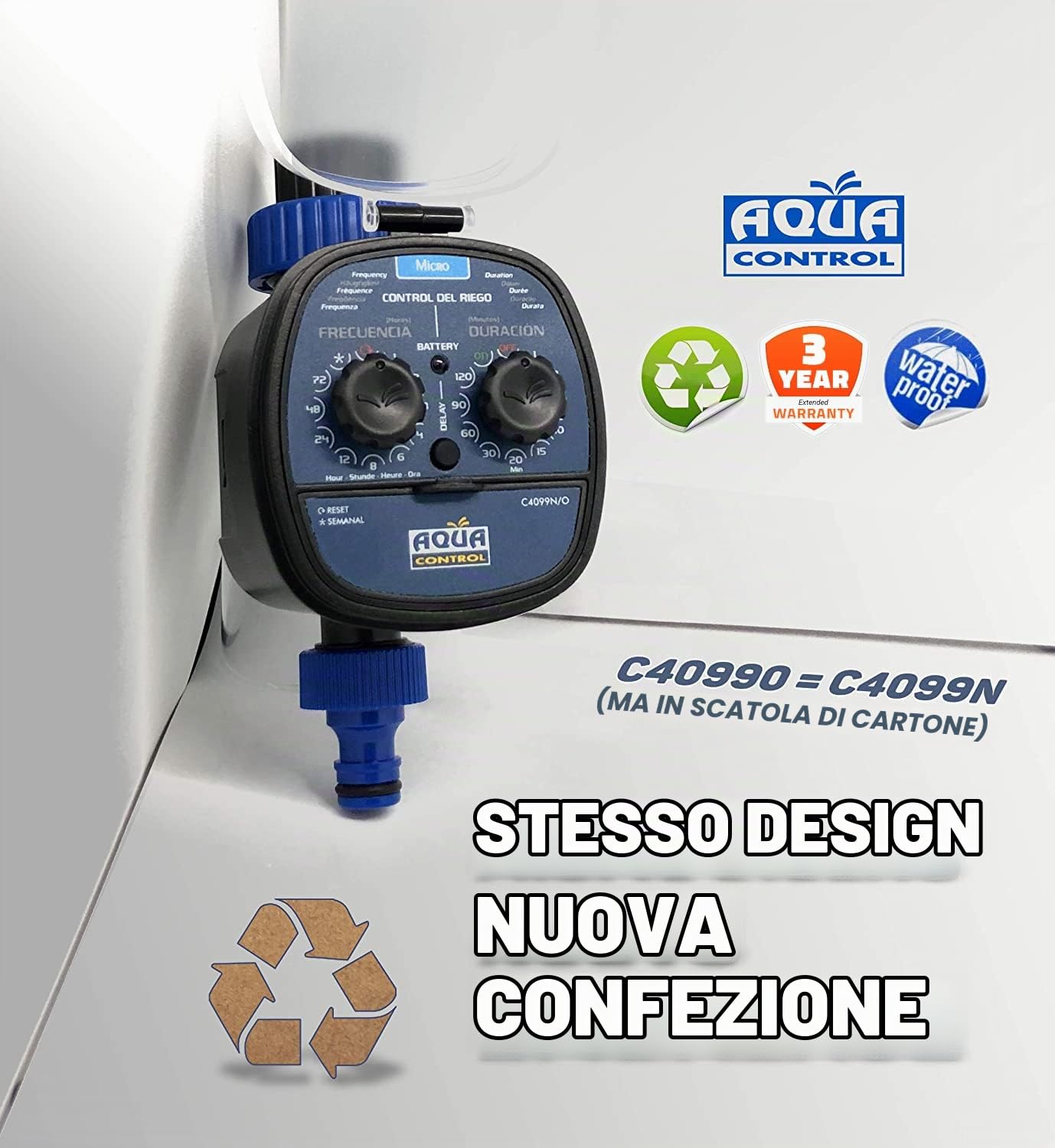 Aqua Control G6354 Premium Rubinetto da giardino a doppia uscita da 1/2 & quot & C4099O Programmatore d'irrigazione da giardino, per tutti i tipi di rubinetti, apertura a 0 bar. Vecchio C4099N