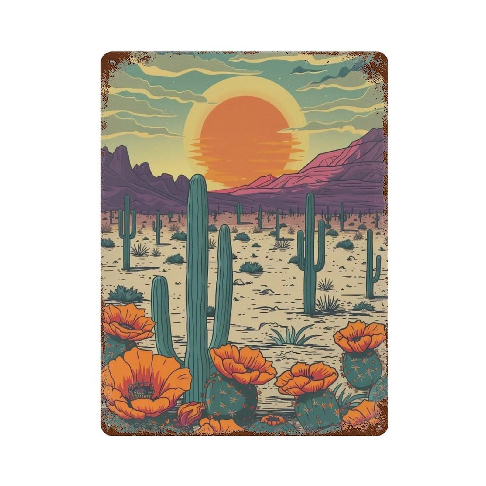 Wihyrtui Style Retro Flat Sunset Saguaro Desert Floral Vista 04 Wall Retro Iron Metal Tin Sign Vintage Art Poster Modern Home Cofffee Club Art Bar Shop Decor 40X30cm