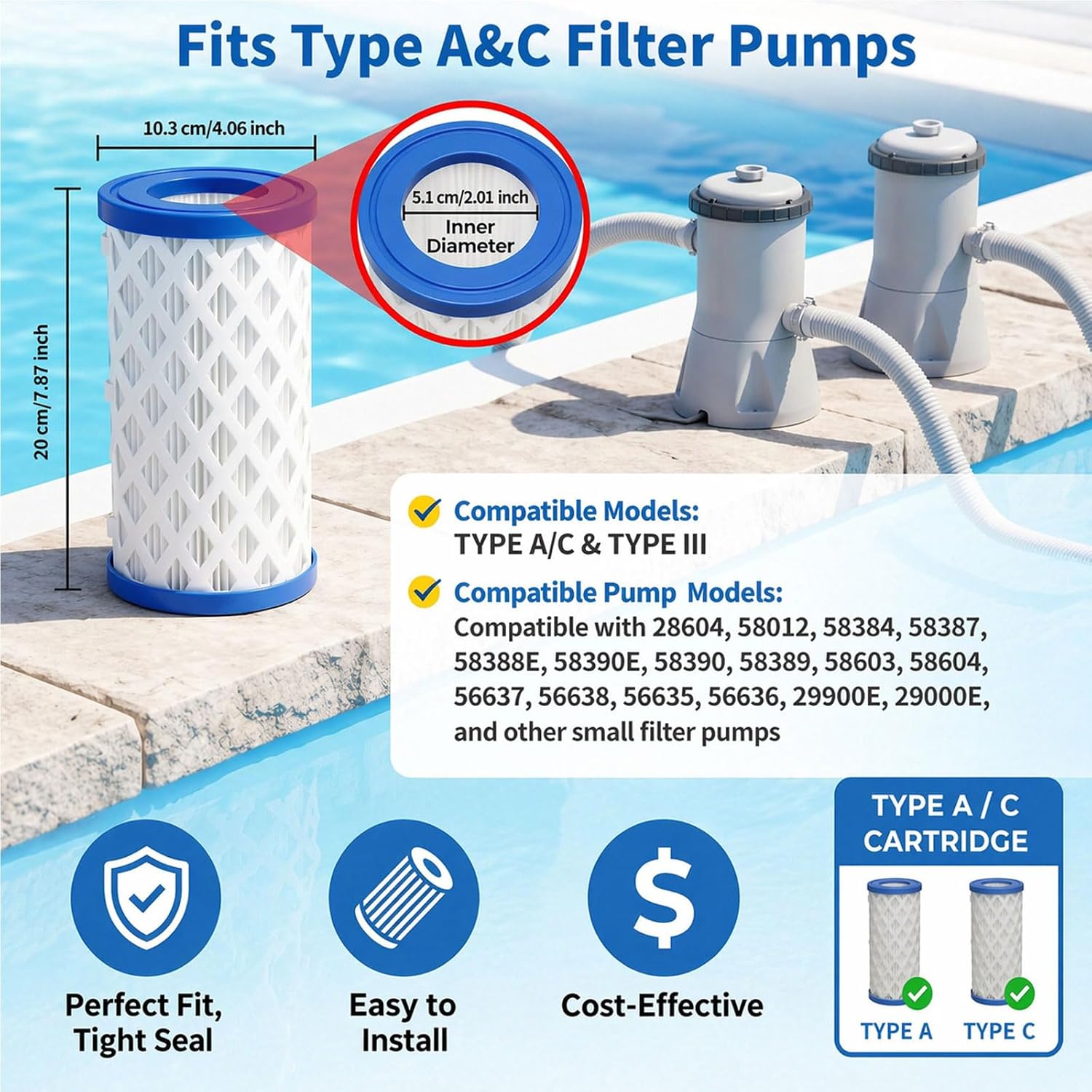 Universal 12Pack Pool Filter Cartridge Type A/C/III, 2.01" Inner, 7.87" Height, 70+2 Pleats, 5 Sq.ft Filtration, Reusable Replacement for 28604 58384 58387 59900E Above Ground Pool Pumps image 2