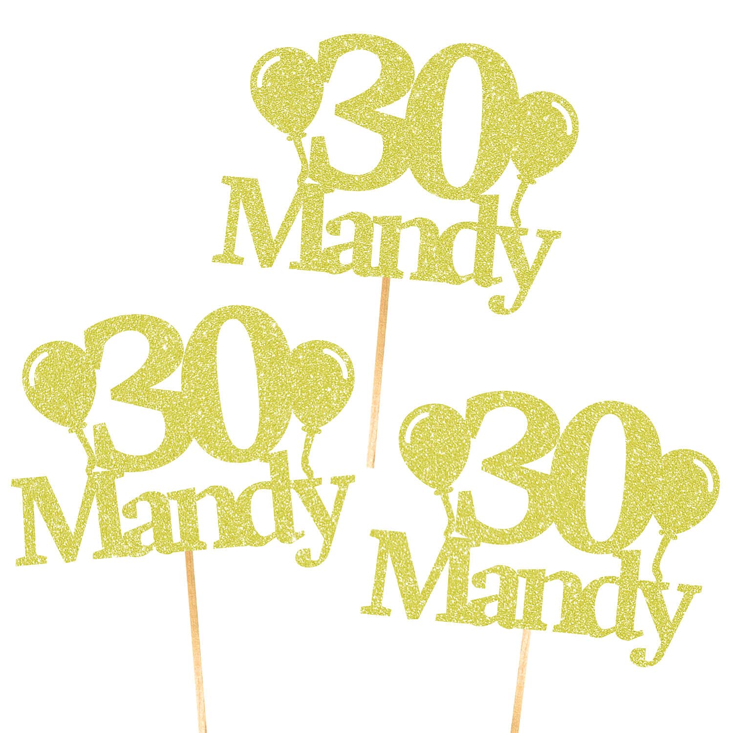 6X Personalised, Double Sided, Handmade Happy Birthday Glitter Cupcake Toppers by Cakeshop | Custom Colour Any Name & Age Balloons 480gsm Glitter Cupcake Decorations | Champagne