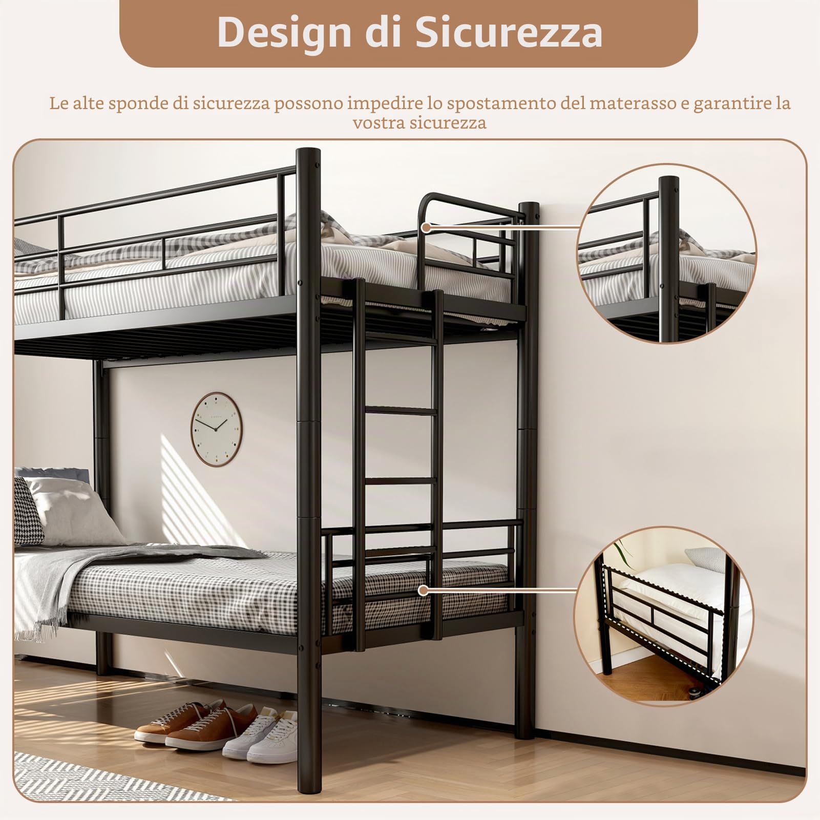 Letto a Castello per Adulti 90 X 200 cm, Letti a Castello Metallo Convertibile in 2 Letti Singoli, Letto a Castello per Bambini con Sicurezza Parapetto & Scala Antiscivolo, Stabile e Durevole (Nero)