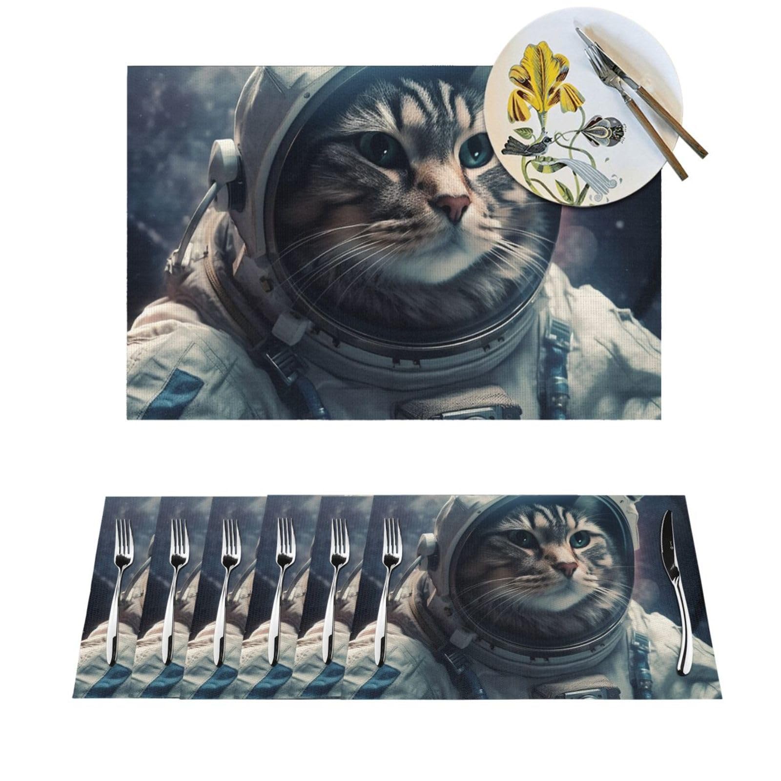 Set de table cuisine enfant motif chat astronaute espace PVC lavable