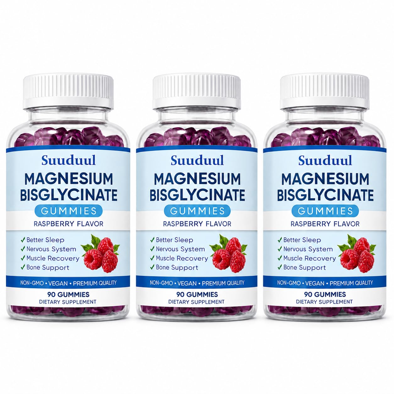 Magnesium Bisglycinate Gummies, 400mg High Absorption Magnesium Supplement, Raspberry Flavor, Supports Muscle & Nerve Function, Relaxation & Daily Wellness, Vegan, 90 Gummies (3 Bottles) 3pcs
