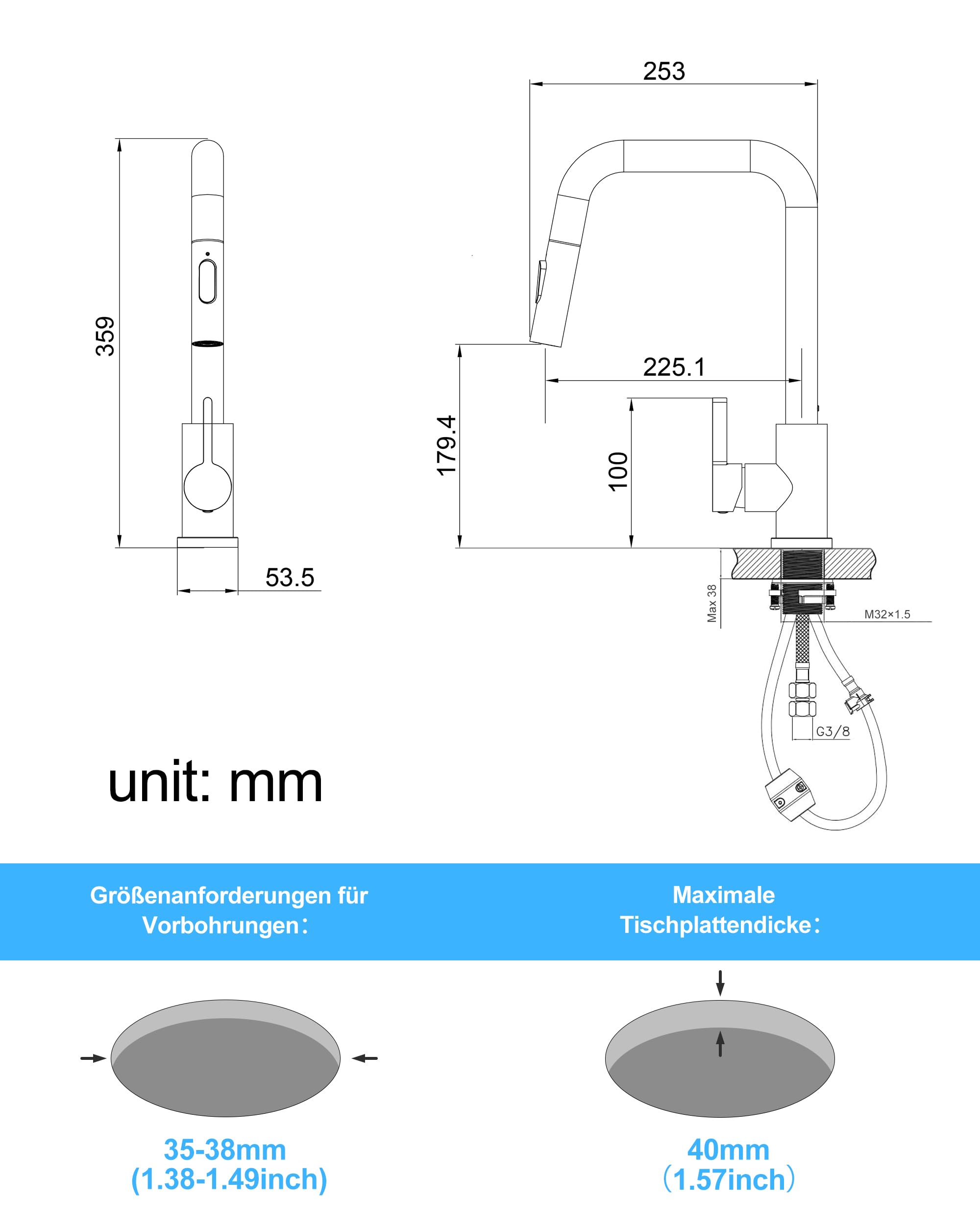 Wasserhahn Küche Schwarz, Hochdruck Küchenarmatur mit Brause | 304 Edelstahl Küchenarmatur Ausziehbar, Armatur 2 Strahlarten, Spültischarmatur Küche, 360° Schwenkbar, DVGW-Zertifiziert