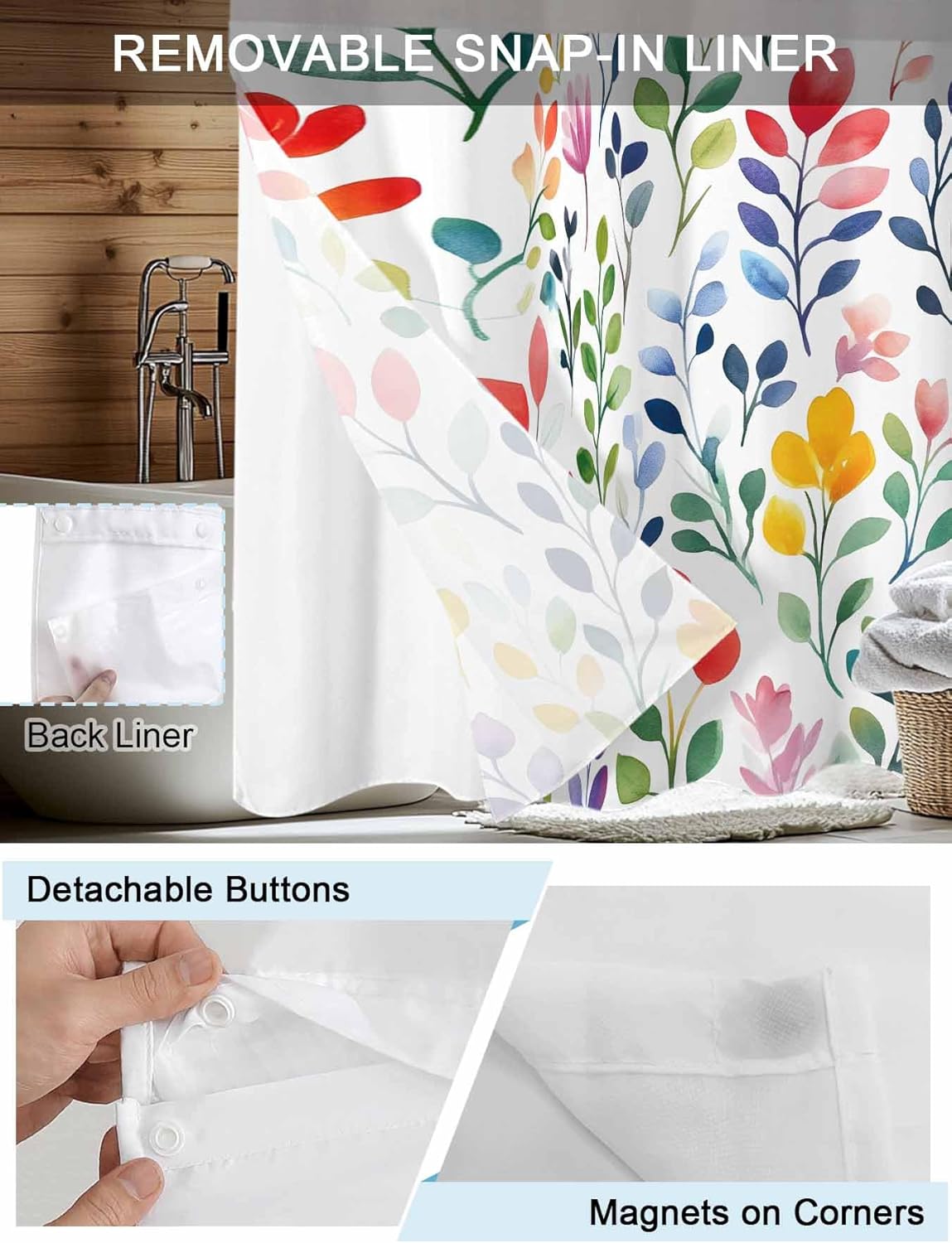 Teamery No Hook Shower Curtain with Snap in Liner, Easter Spring Watercolor Colorful Leaves Curtain Set See-Through Top Double Layers Fabric Shower Curtains Abstract Art for Bathroom Decor, 60x72in