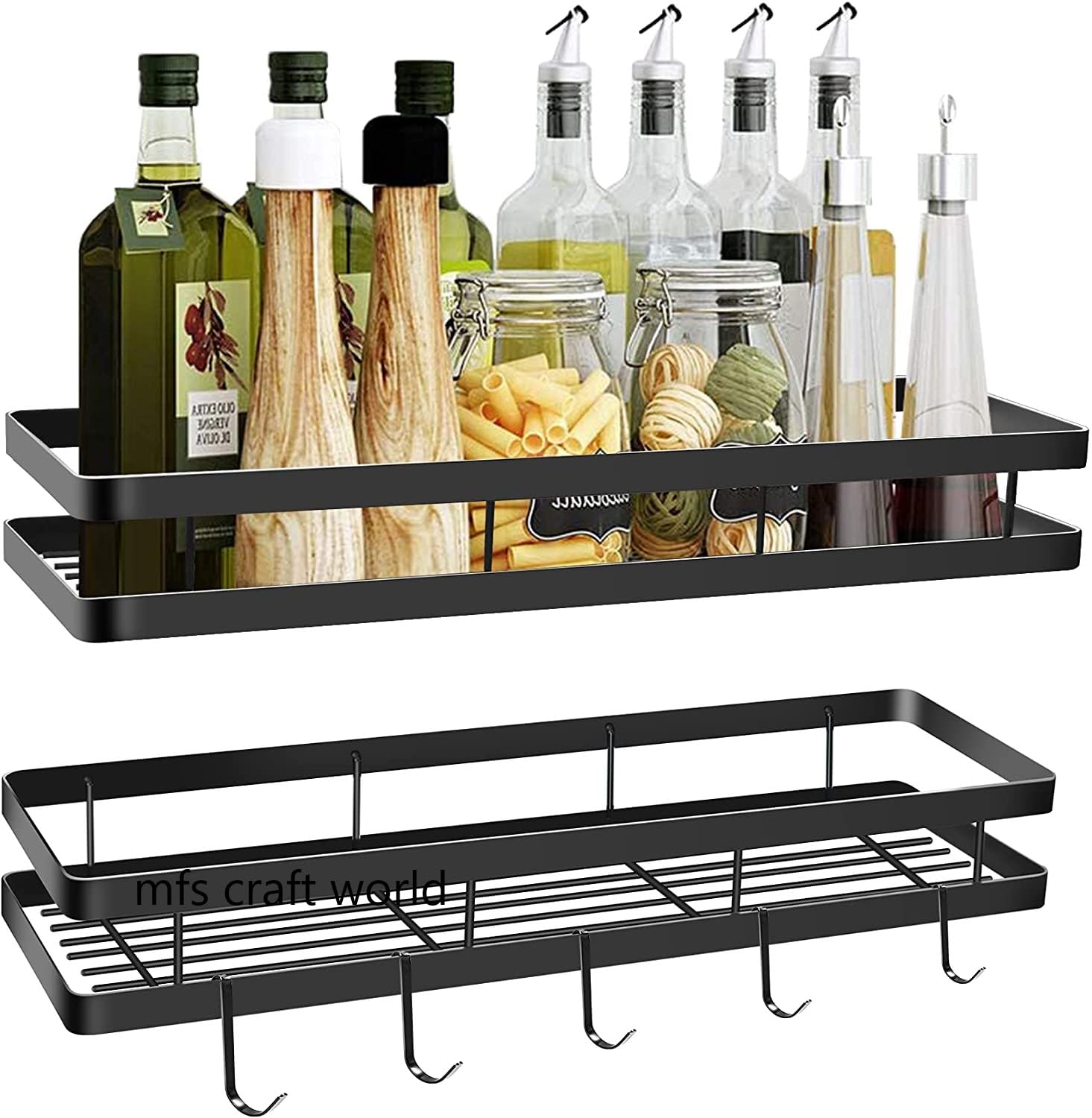 MFS Craft World 1+ Spice Rack set of 2 Organizer for Cabinet, Spice Shelf Wall Mounted Storage Rack Floating Shelves for Wall, Organizer for Kitchen, Countertop (Black, ;Carbon Steel)