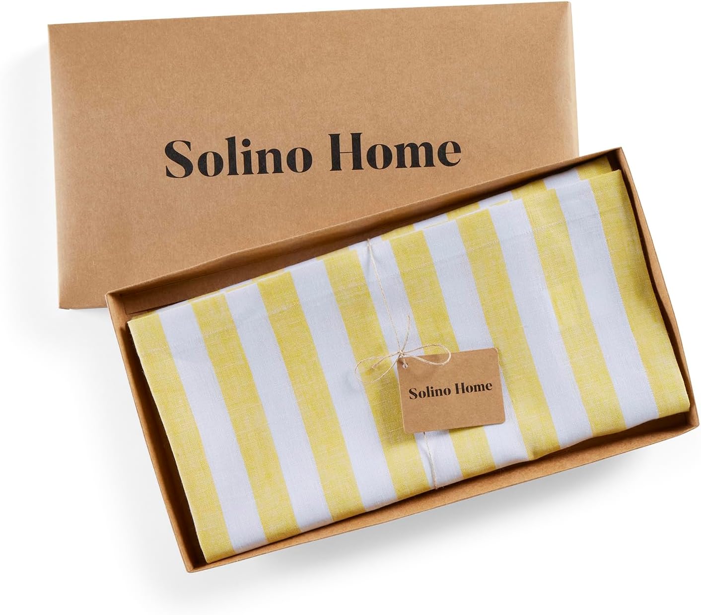 Solino Home Linen Square Tablecloth 52 x 52 Inch - Sorrento Stripe, 100% Pure Linen Yellow and White Table Throw - Machine Washable Tablecloth for Spring, Easter, Mothers Day