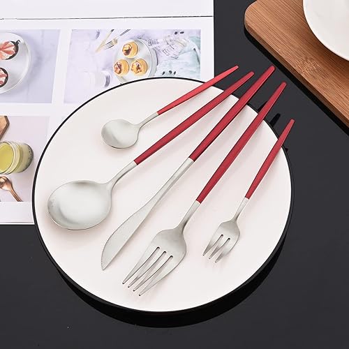 Miniatura 2 de JASHII Juego de 40 cubiertos de color rojo mate y plateado, juego de cubiertos de acero inoxidable para 8 personas, incluye cucharadas de tenedor
