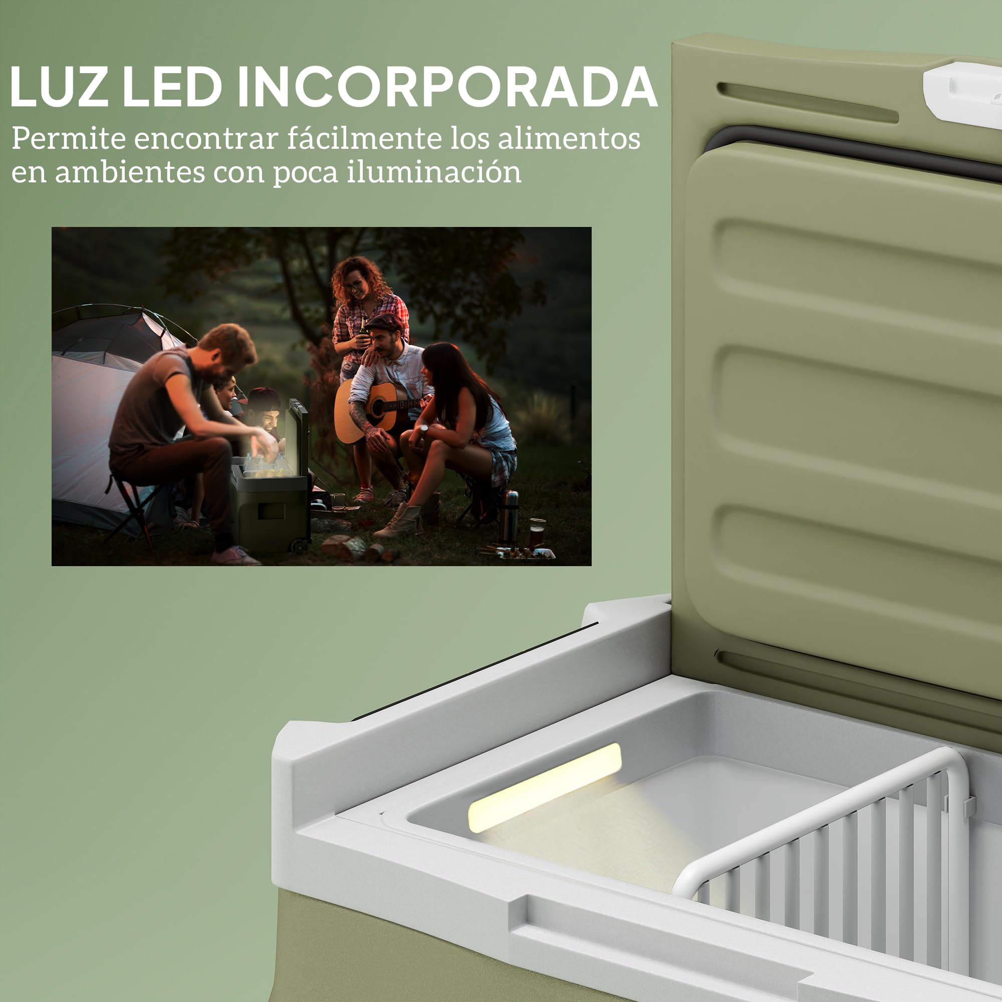 Outsunny Nevera Portátil Eléctrica 30L para Coche 61x39x41,5 cm Verde | -20℃ a +20 ℃, 12V/24V, Mini Frigorífico, Ruedas, Compresor, Pantalla LED Táctil, Hogar Camping Viajes Automóvil