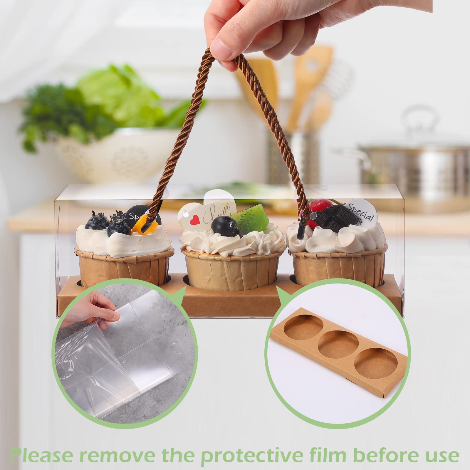 Brown Clear Cupcake Boxes - 20 Pack with Handles -3