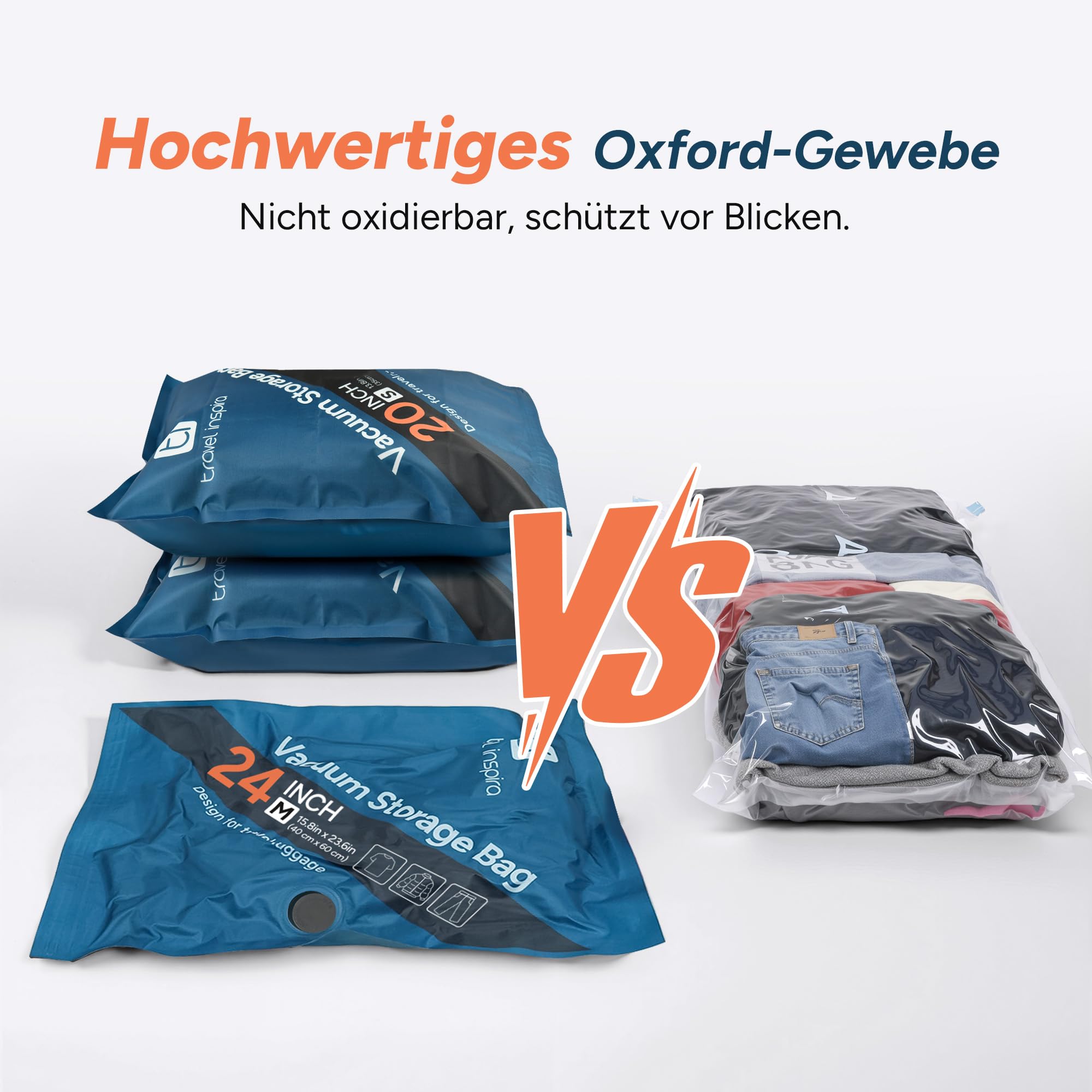 travel inspira 9x Vakuumbeutel für Kleidung mit Kabelloser Pumpe(3S+3M+3L) | Oxford 80% Platzsparend & Wiederverwendbar USB-C Aufladbare Pumpe 4500 Pa Vielseitig Doppelreißverschluss Für Koffer 20"-34"