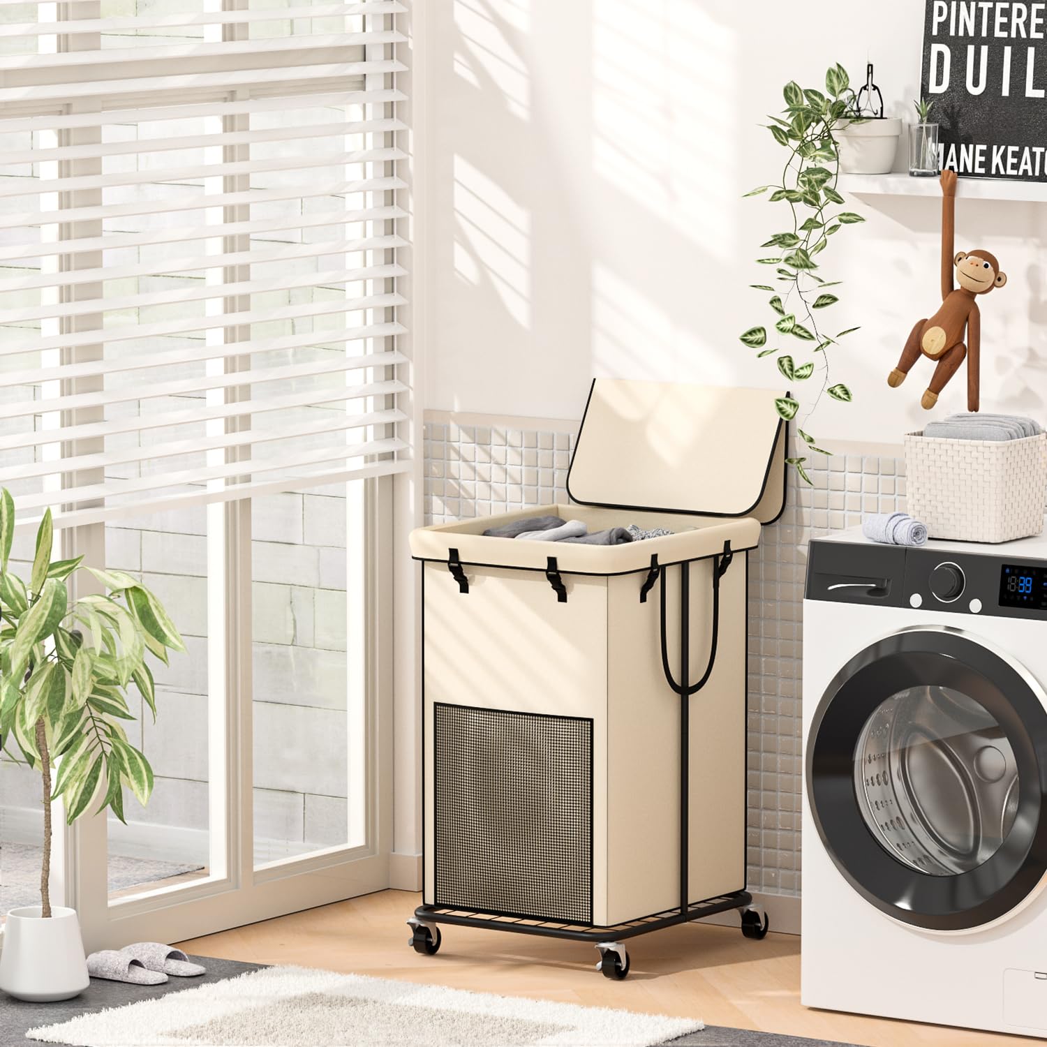 Cestas de lavandería grandes de 150 litros con tapa, cestas de tela Oxford, marco de metal y bolsa extraíble, diseño con ruedas para dormitorio, baño, dormitorio, lavandería (tapa de helado)