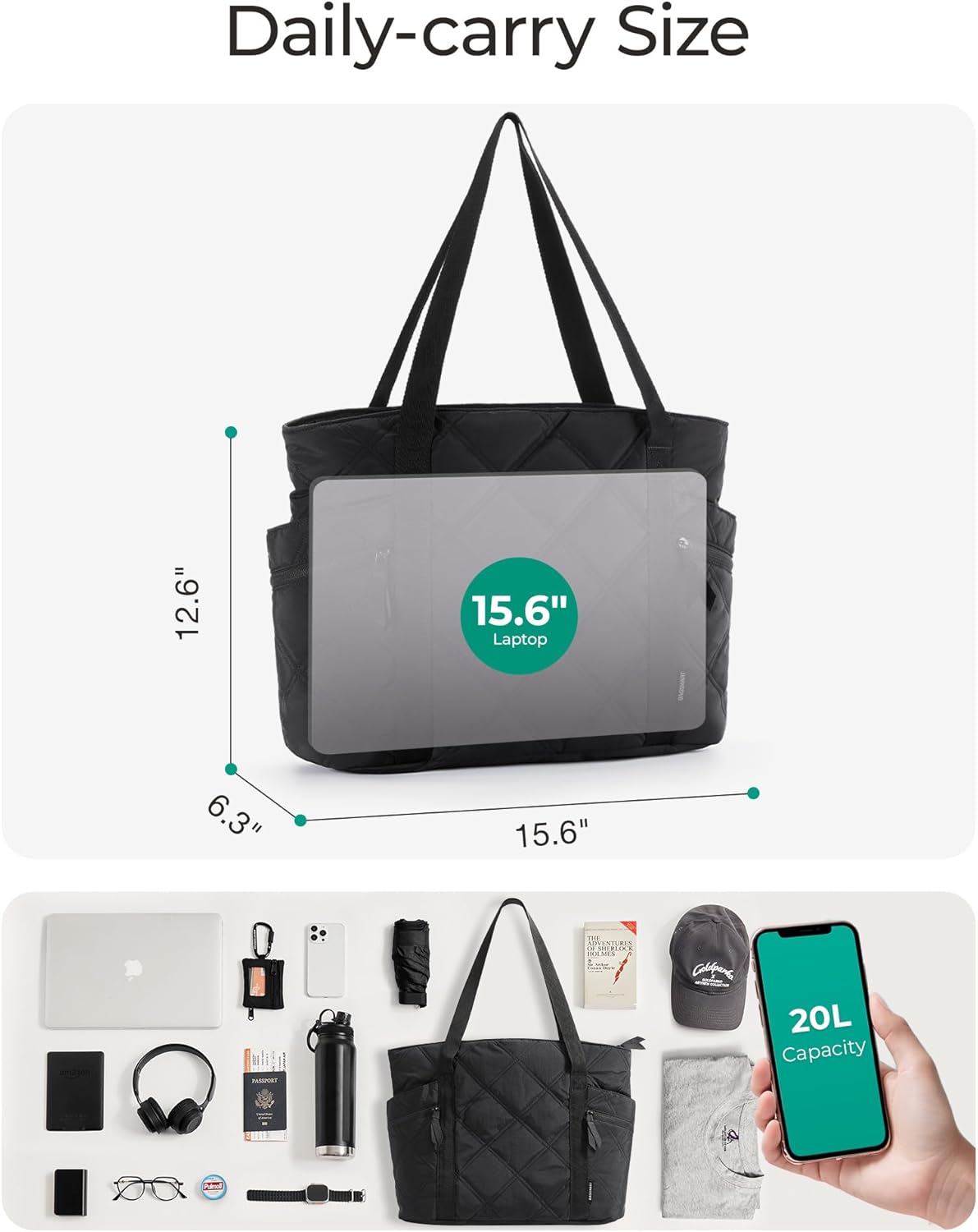 BAGSMART Crush Tote Bag for Women, 20L Puffer Work Tote with Zipper, Travel Essentials Quilted Nurse Hospital Bag - Image 4