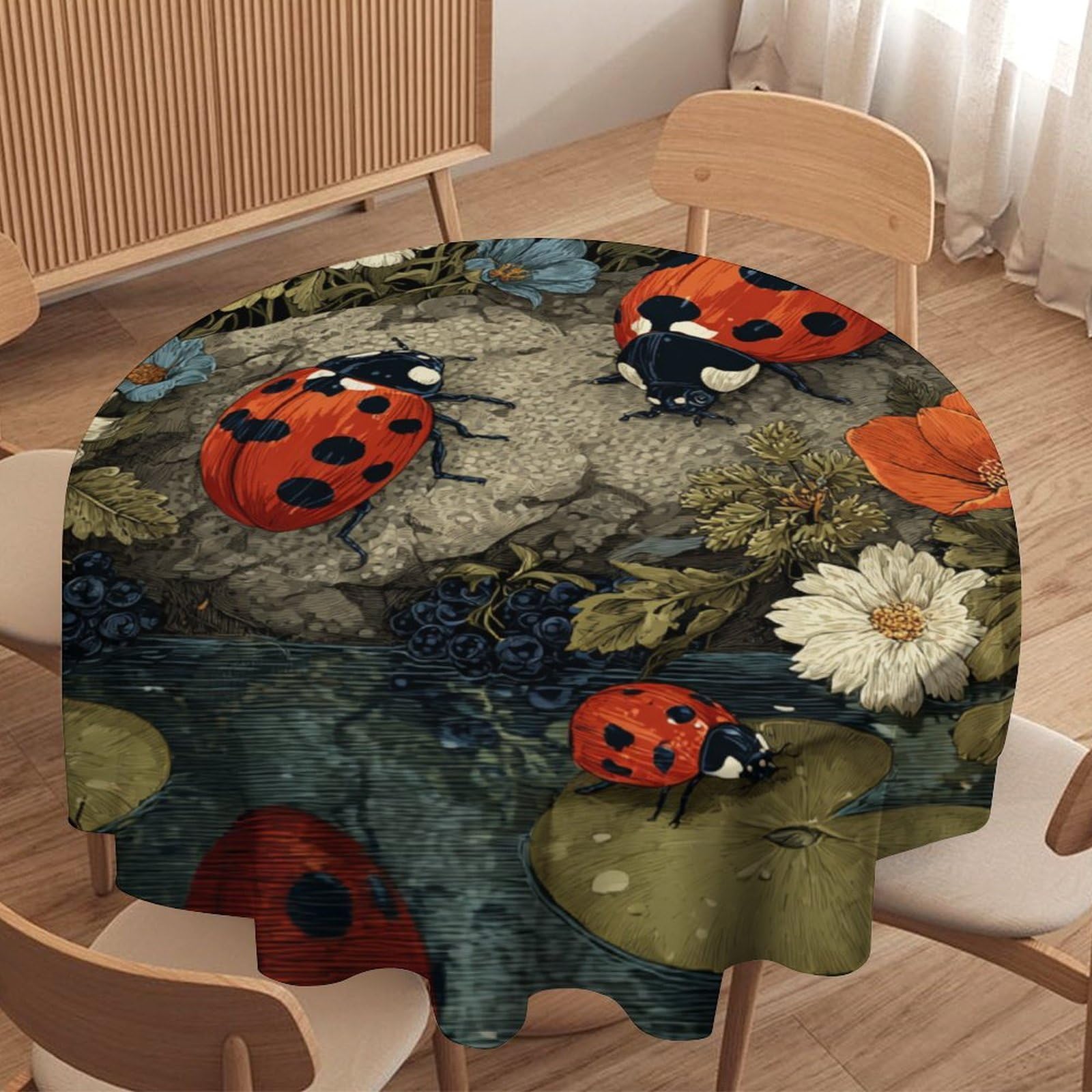 LUYYSKY Classic Retro Cute Ladybug Round Tablecloth Beautiful Funny Spring Garden Botanical Daisies Flowers Washable Decor for Table Cover for Kitchen-177.8" Wx177.8 L cm