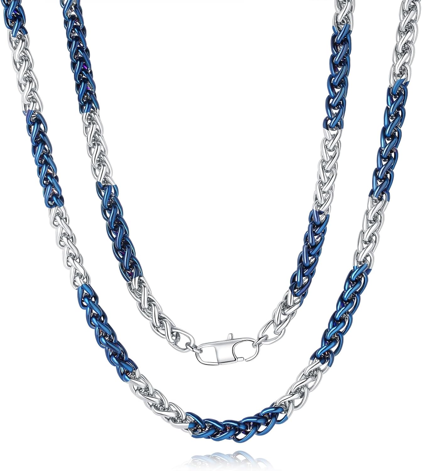 YAMI Chain Necklace for Men, Blue and Silver Wheat Chain, Titanium