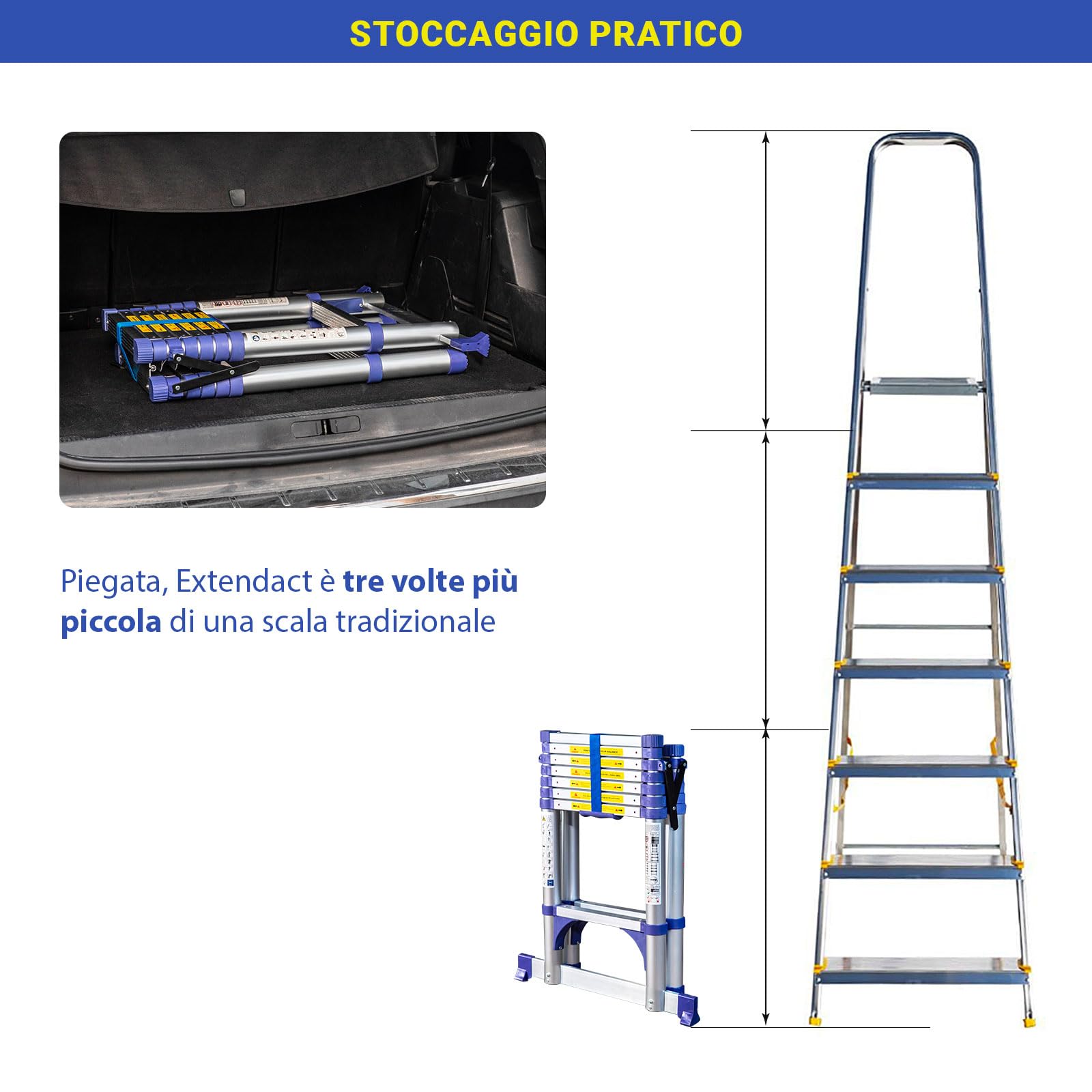 HOSTRÖM Scala telescopica a 8 gradini EXTENDACT8, Scala telescopica 2,3+2m, scala pieghevole telescopica, Alt. max lavoro 3,8m, Garanzia 5 anni.