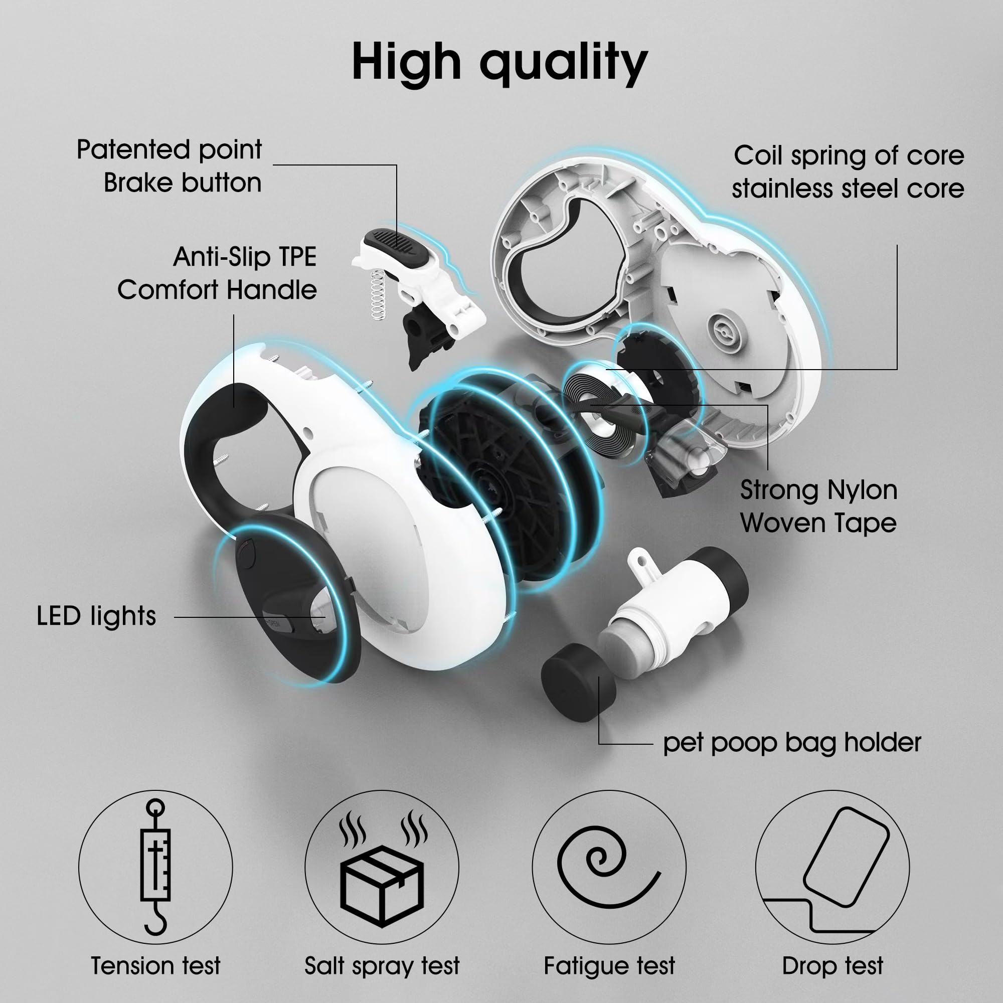 Laisse rétractable 4 en 1 pour chien de 5 m de long avec lumière LED et support pour sac à déjections canines pour chiens de petite, moyenne et grande taille (max 110 kg)
