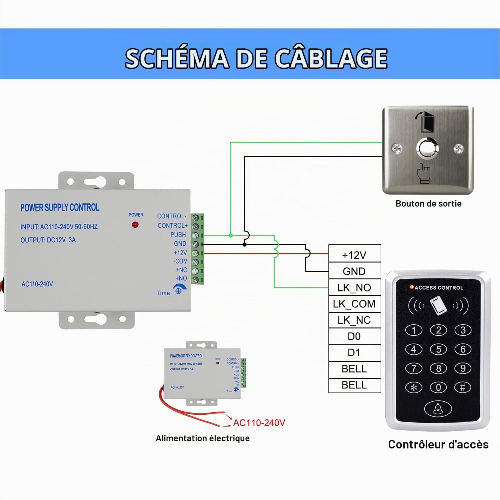 Système d'entrée de Porte avec Clavier de contrôle d'accès étanche, Alimentation DC 12 V, Interrupteur de déverrouillage de Porte, Serrure électrique et Porte-clés RFID 125 kHz