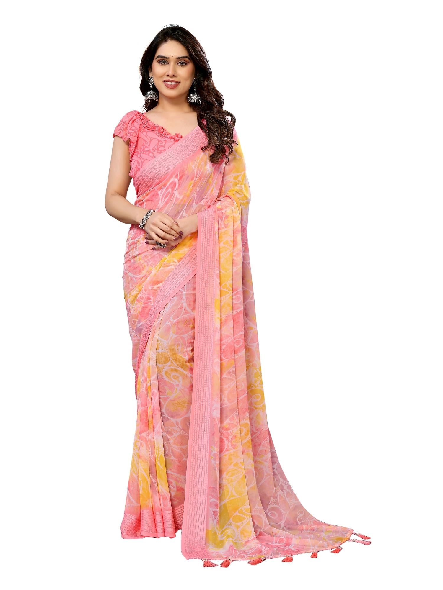 RAJESHWAR FASHION WITH RF Women's Printed Georgette Saree With Woven Square Box Satin Patta Border & Unstitched Blouse Piece Material