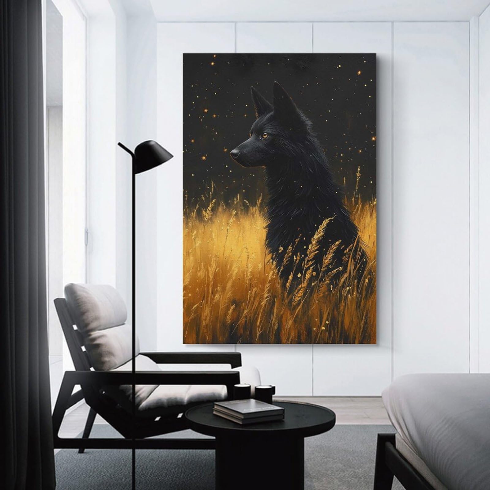 Junmoney Room Decor Wall Art Black Wolf in Golden Field, 24x36inch(60x90cm), for Gallery Wall Decor And Room Displays, An Easy Match for Collected Prints