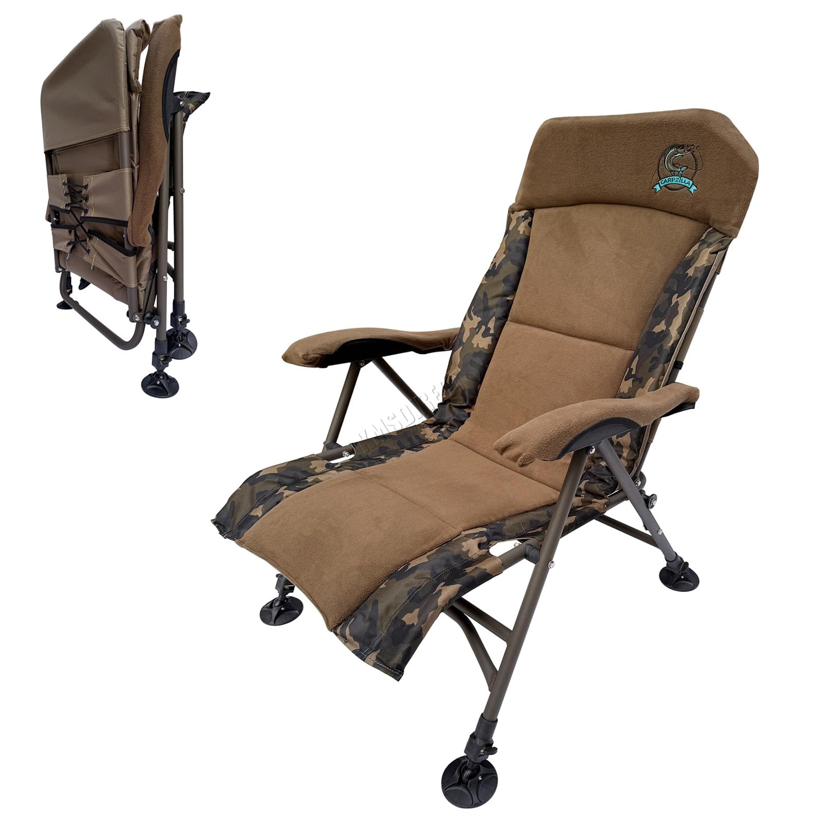 CARPZILLA Foldable Recliner Fishing Chair Armchair Adjustable Backrest Legs Rotating Feet Durable Portable Oxford Fabric Heavy Duty Padded 4CM Cushion 150KG Weight Limit Equipment Accessories Camo