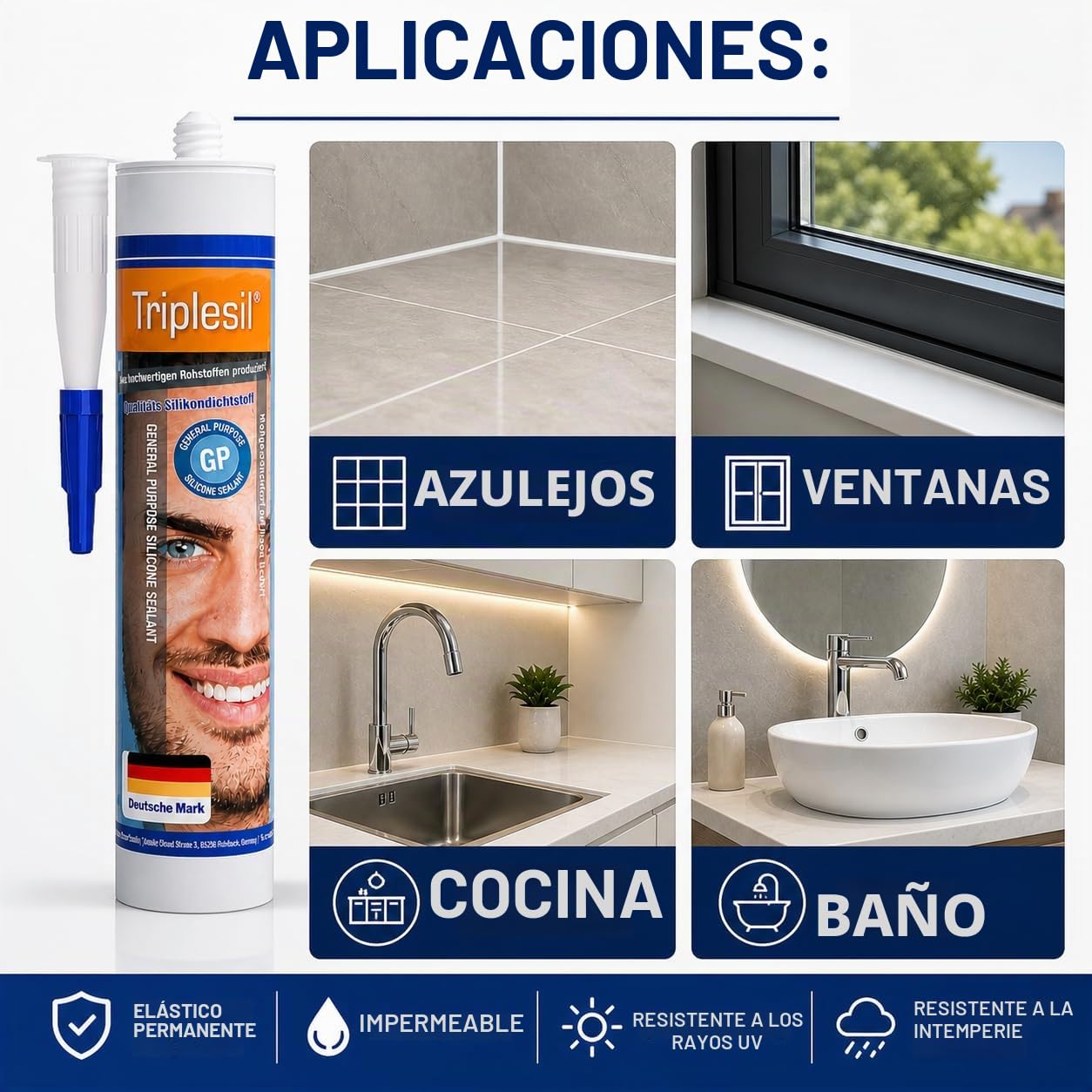 Triplesil Sellador de Silicona-Alta Temperatura 24 x 310 ml Cartucho de Silicona Universal para Baño, Cocina y Bricolaje – Impermeable y Resistente a los Rayos UV – Para Interior y Exterior(24x white)