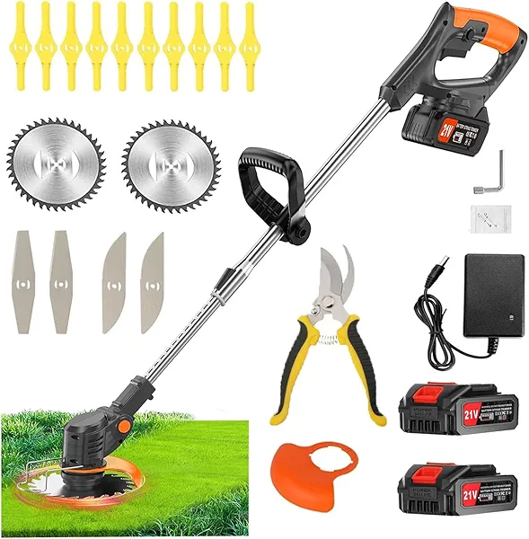 BOUJHYN 21V String Trimmer Cordless Battery Powered Weed Wacker, 2 X 2.0Ah Battery and a Charger, Brush Cutter Lawn Mower Edger Lawn Tool for Garden and Yard