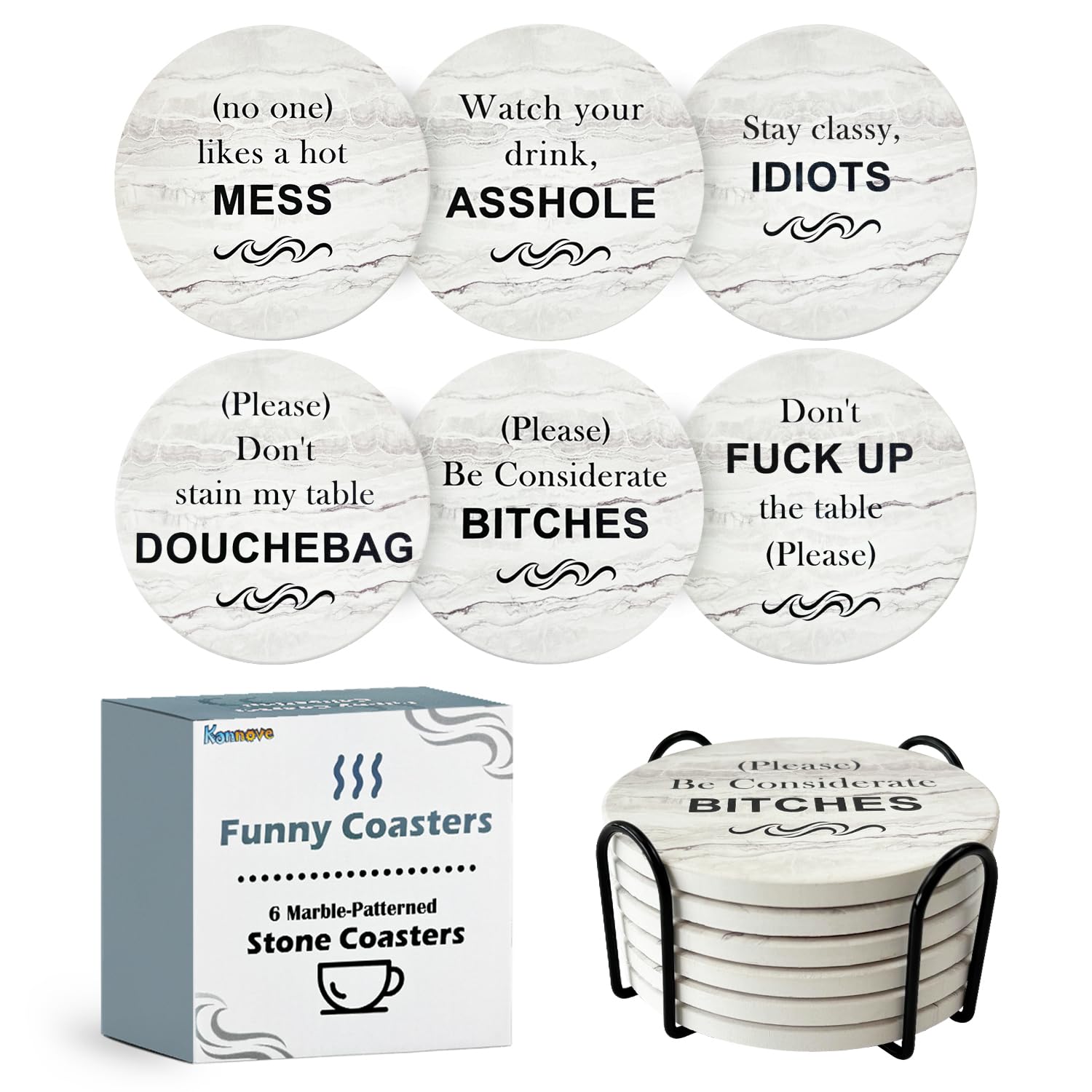 Funny Coasters for Drinks-Set of 6,White Elephant Gifts for Adults Useful,Perfect Housewarming Gifts New Home for Men Women Couples,Absorbent Coasters with Cork Base,Christmas Secret Santa Gag Gifts
