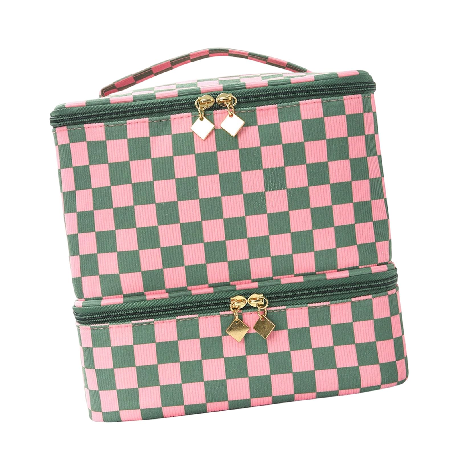 Tsophreniq Compartment Cosmetics Storage Bag Featuring Checkerboard Pattern and Soft Corduroy for Beauty Organization Vintage Framework Cosmetic Bag