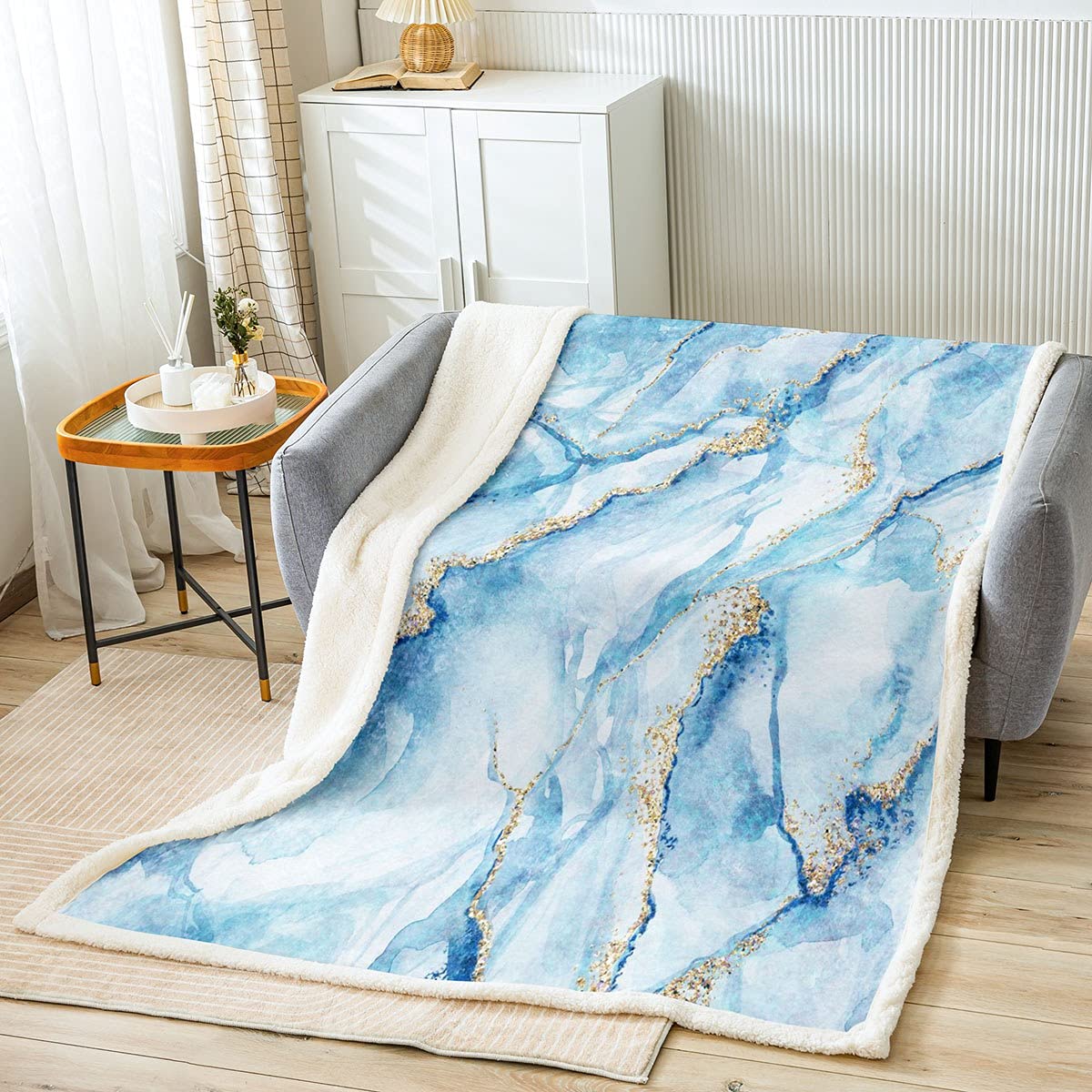 White Blue Marble Plush Blanket Gold Glitter Stone Texture Fleece Throw Blanket Abstract Art Sherpa Blanket for Child Kids Boys Girls Natural Fuzzy Blanket for Sofa Bed,Double 60x79 Inch
