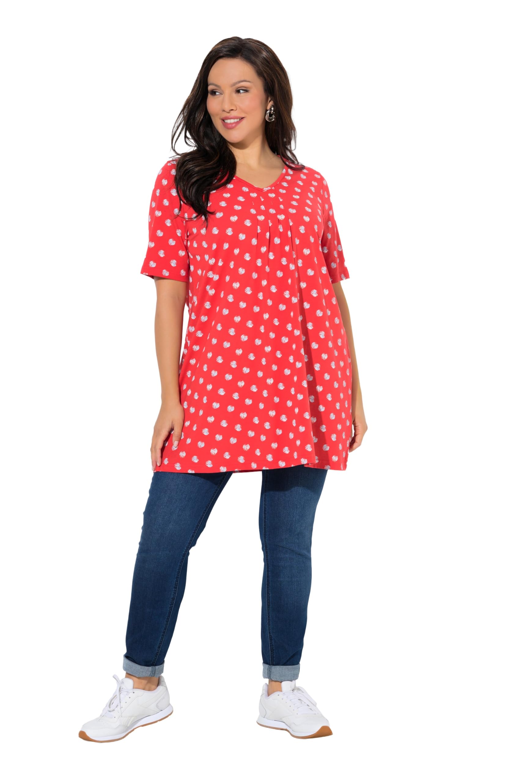 Ulla Popken Damen große Größen Übergrößen Plus Size T-Shirt, Zierfalten, A-Linie, V-Ausschnitt, Halbarm 847992