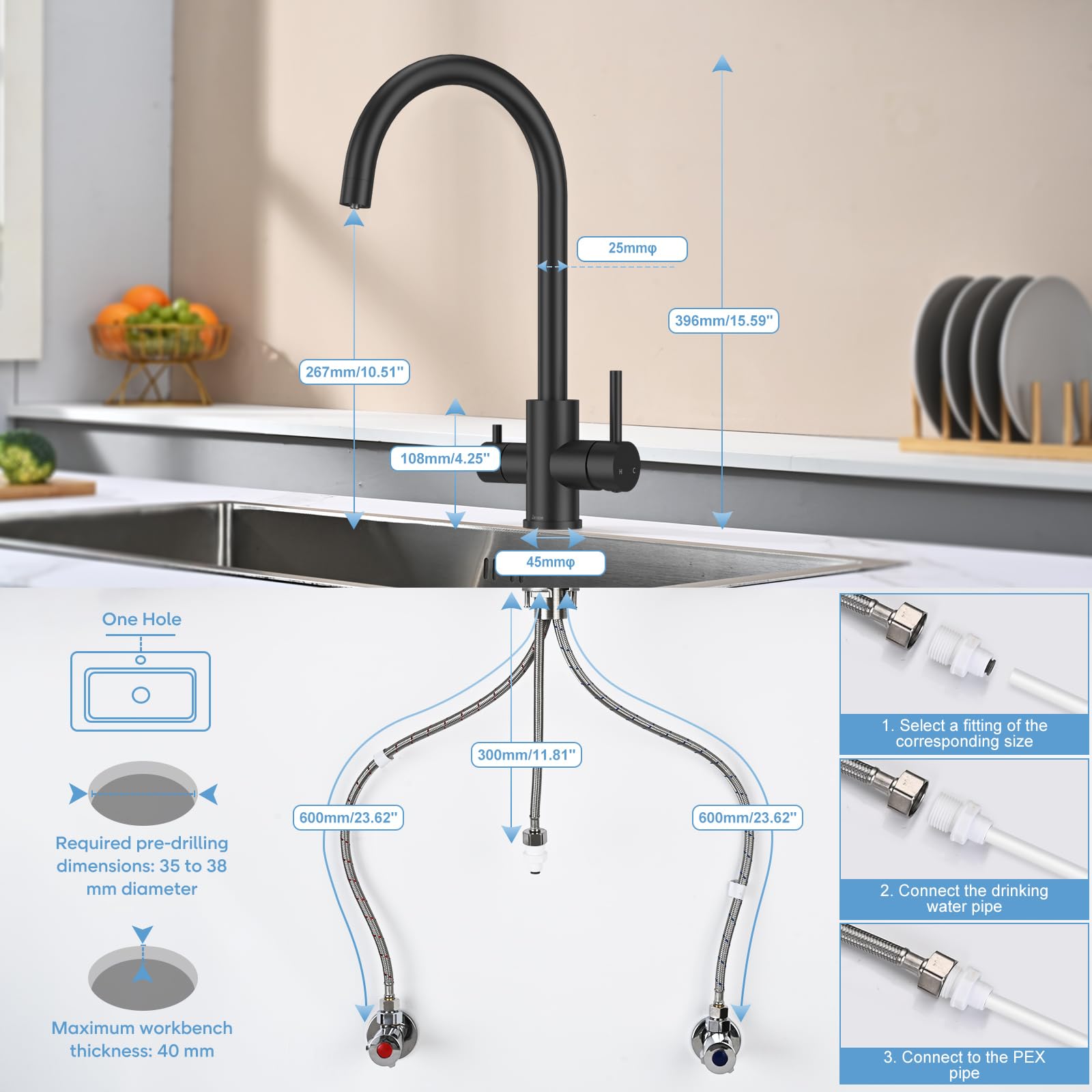 3-drożny kran kuchenny, czarny, bateria kuchenna DETBOM, bateria mieszająca, obracana o 360°, trójdrożny kran mieszający do filtra wody, podwójna dźwignia, kran do zlewu kuchennego 3 w 1, stal
