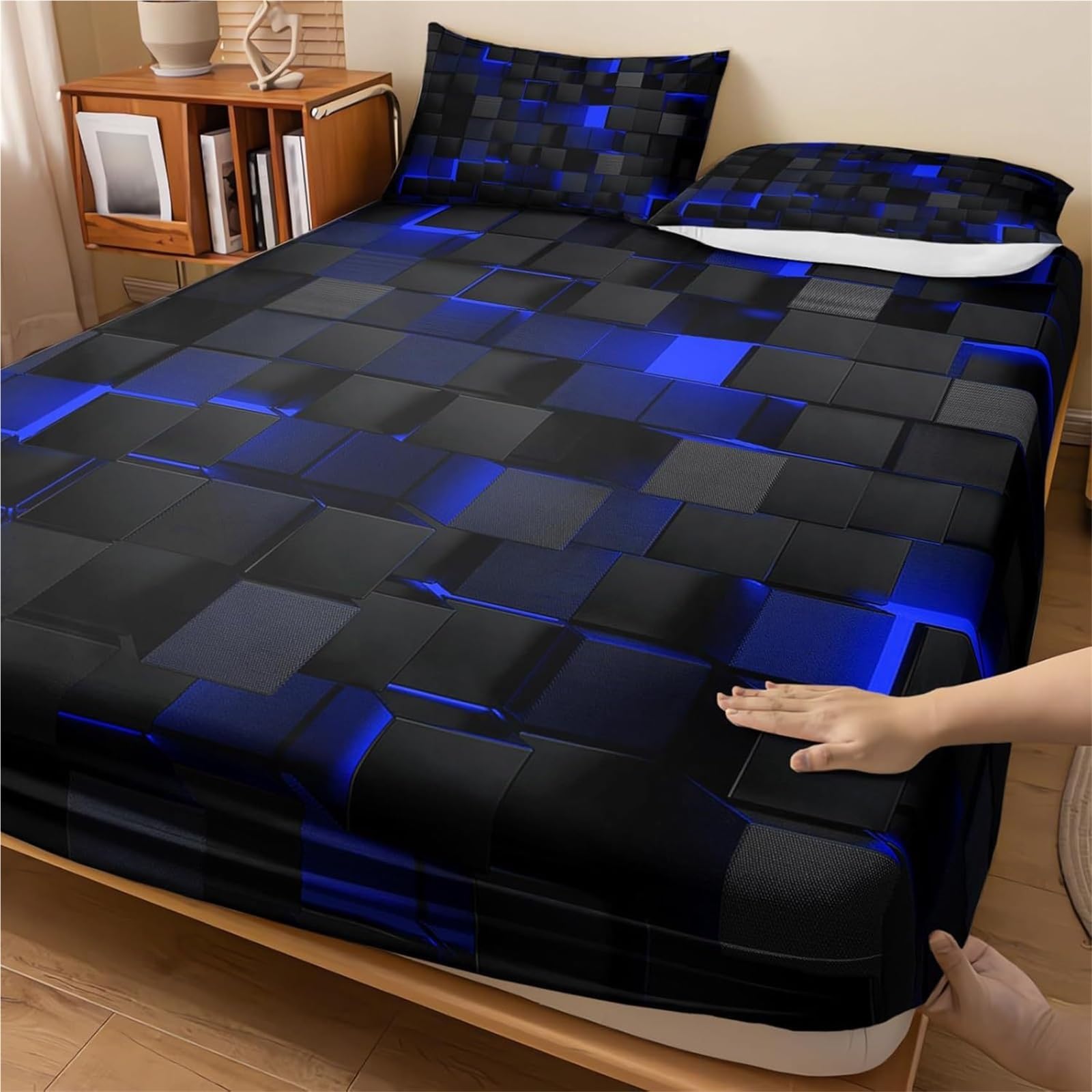 3D Abstract Geometric Bed Sheets Set, Twin Queen Size Super Soft Microfiber Teen Bedding, 10" Deep Pocket Fitted Sheet, Flat Sheet, Breathable Room Decor (NO Pillowcases)(Rojo,152x203x25cm)