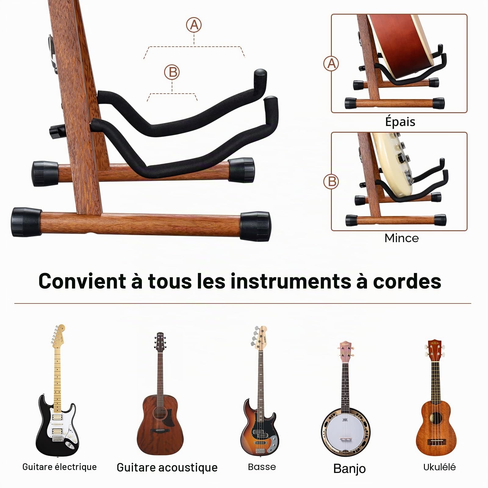 LEKATO Support de guitare A-Frame Support de guitare basse en bois avec rembourrage en mousse pour guitares, basse, violoncelle, banjo, mandoline, ukulélé