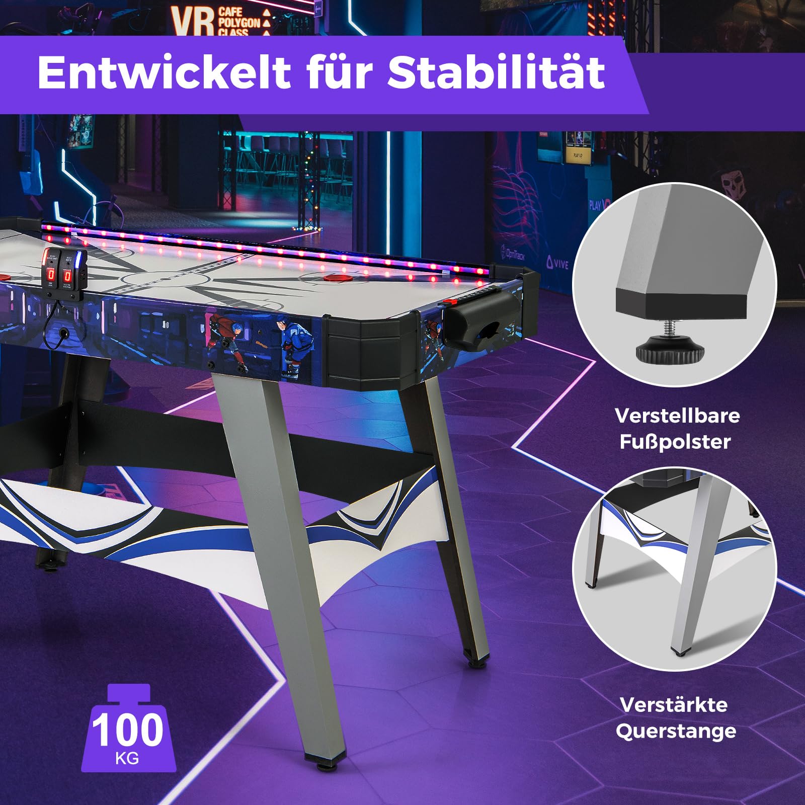 COSTWAY LED Airhockey Tisch, Air Hockey Spieltisch mit 12V Motor, 2 Schiebern & Pucks, Lufthockey elektrisch mit LED-Anzeigetafel, Tischhockey Eishockey für Kinder Erwachsene, 137 x 65 x 86 cm