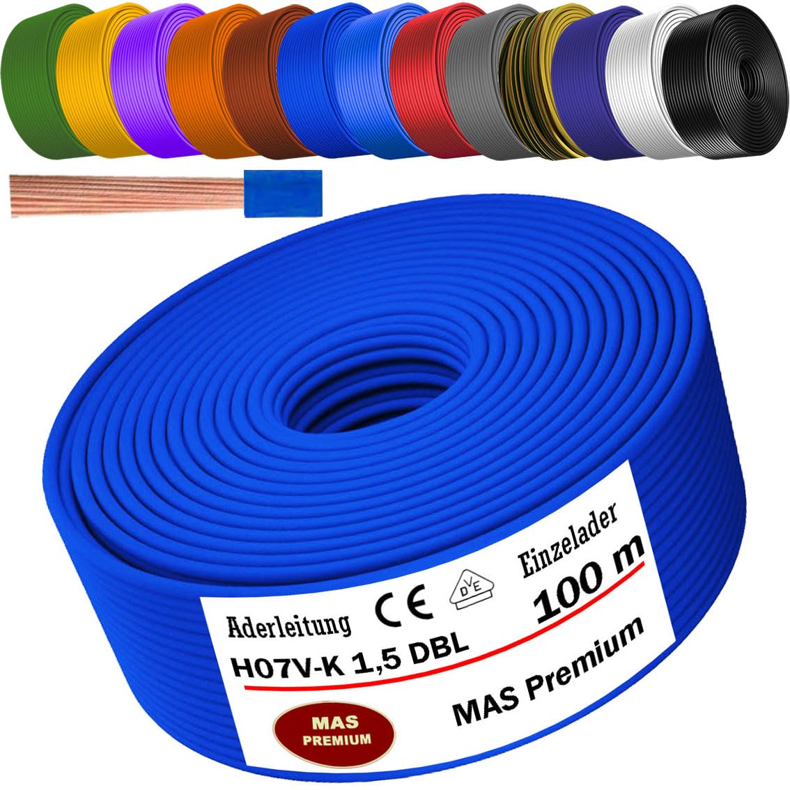 MAS Premium Câble conducteur H07 V-K 1 x 1,5 mm² SW HBL GNGE GN RT DBL BR OR GR WS VIO U-MAR.BL RS RTWS DBLWS ou GE - Fil individuel flexible de 5 à 100 m (bleu foncé, 100 m)