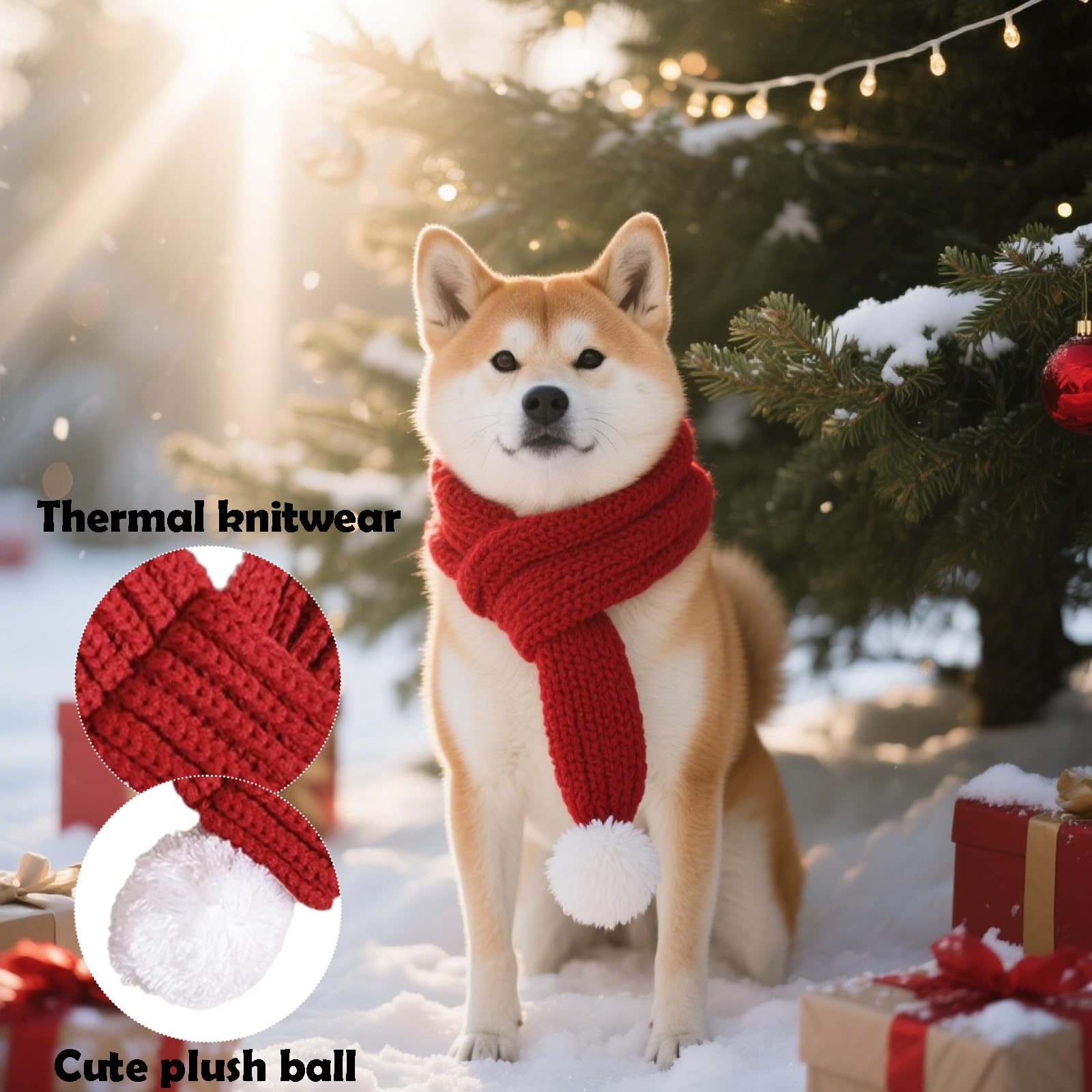 Christmas Dog Collar, Knitted Scarf for Dog and Cat Festive Christmas Red Soft & Warm Pet Accessory with White Plush Ball - Image 3