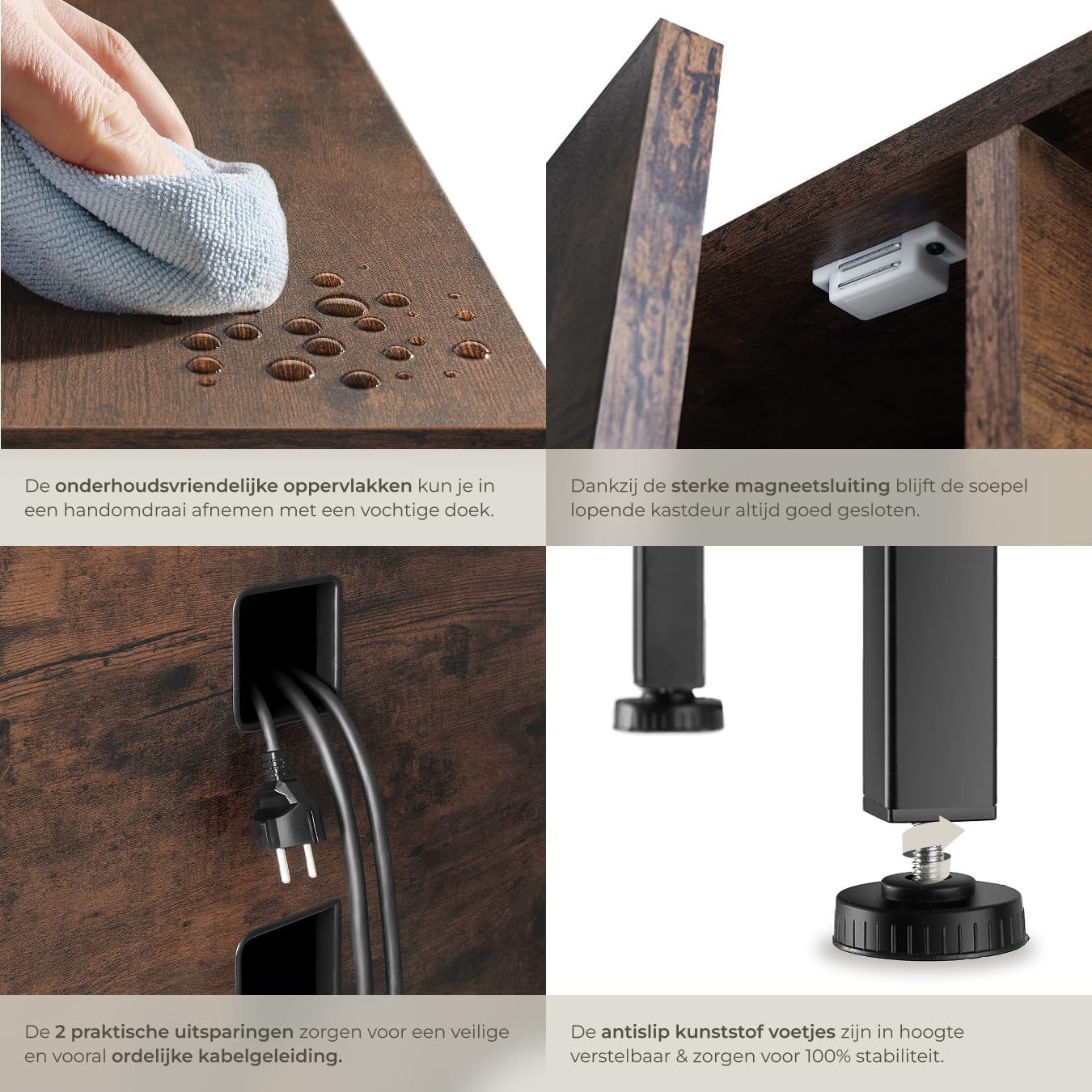 Close-up of the cable management cutouts on the back panel of the TV stand.