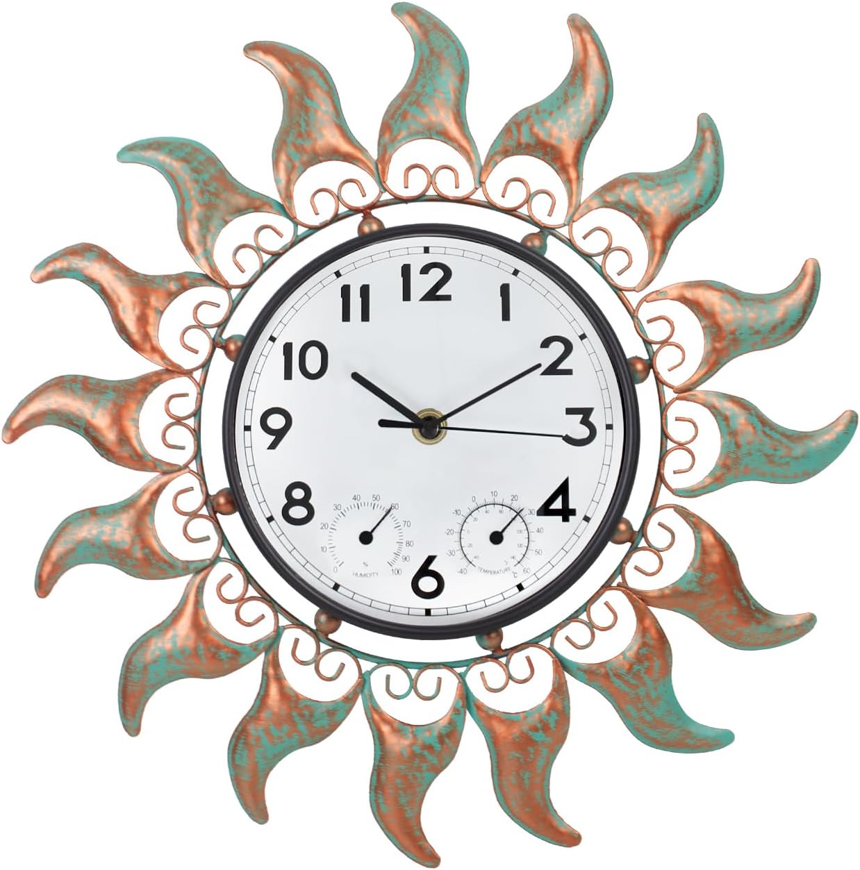 Outdoor Clock with Thermometer and Hygrometer Combo, 13 Inch Bronze Sun Outdoor Wall Clock Waterproof, Silent No-Ticking Outdoor Clocks for Patio, Living Room, Kitchen, Garden