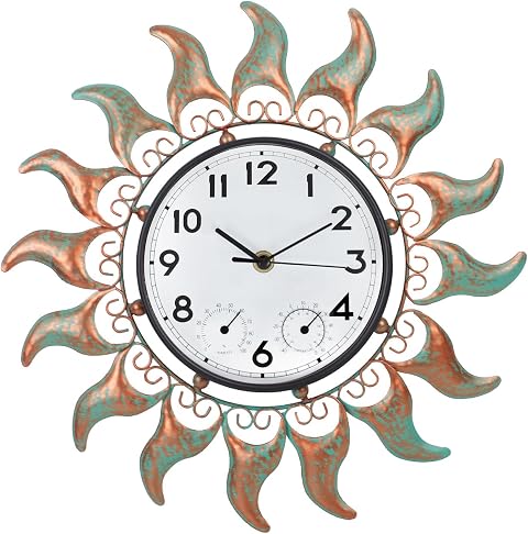 Outdoor Clock with Thermometer and Hygrometer Combo, 13 Inch Bronze Sun Outdoor Wall Clock Waterproof, Silent No-Ticking Outdoor Clocks for Patio, Living Room, Kitchen, Garden