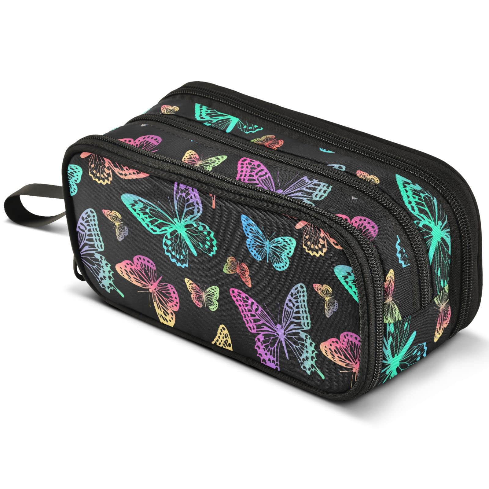Mnsruu Colorful Butterfly Black Pencil Case Large Capacity Pen Pouch Makeup Bag with 3 Compartments Pen Holder Organizer Stationery Bag for Girls Womens