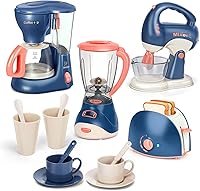Yalujumb Pretend Play Kitchen Appliances Toy Set: Coffee Maker, Blender, Mixer, Toaster with Realistic Lights & Sounds for Kids 4-8