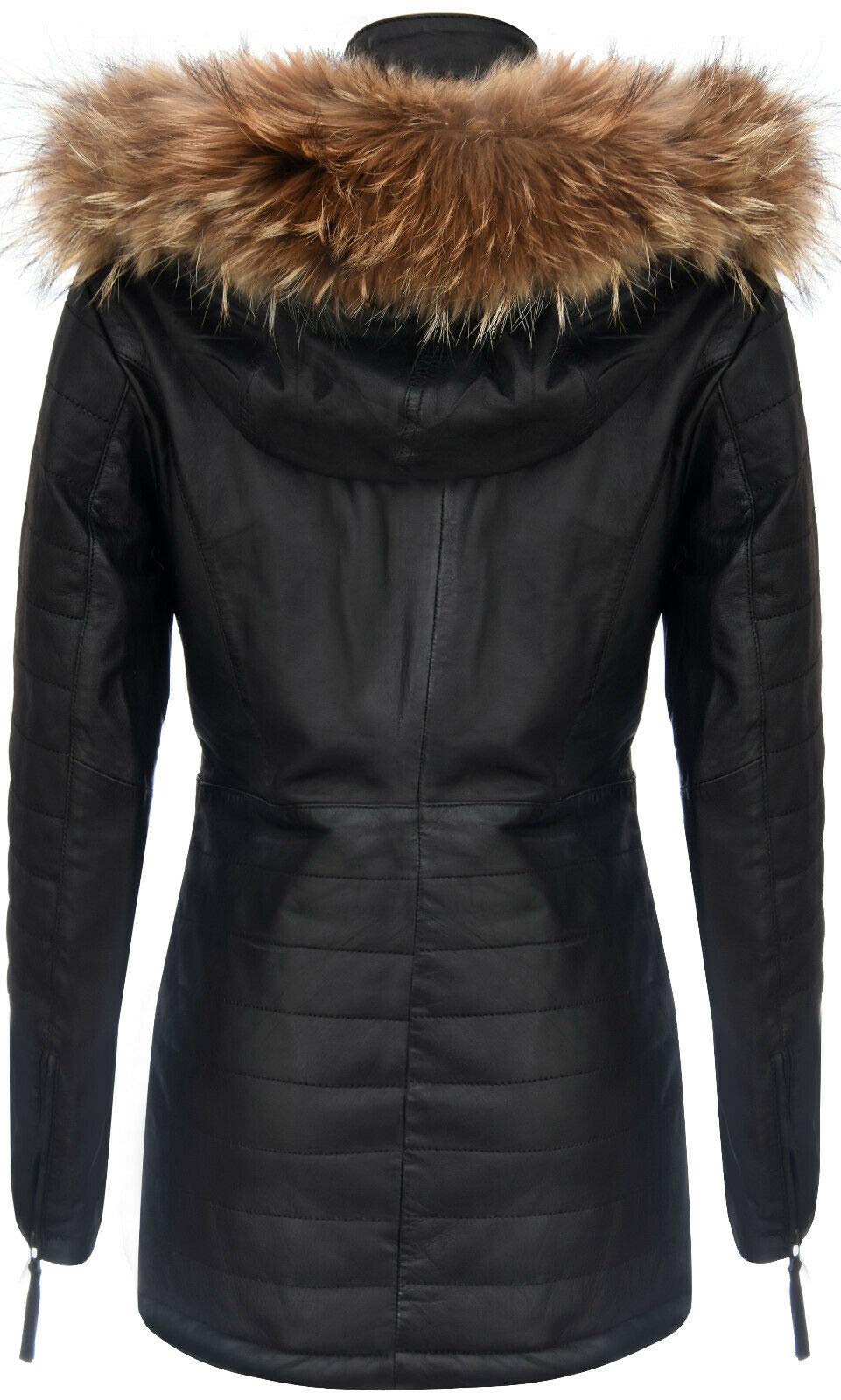 Infinity Leather Chaqueta Parka de Cuero Negra Para Mujer Acolchada Desmontable Con Capucha Gabardina