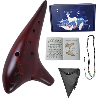 Mulucky 12 Hole Ocarina Instrument for Beginners Alt C Ceramic Ocarina with Songbook Strap Cleaning Cloth and Gift Box - Brown